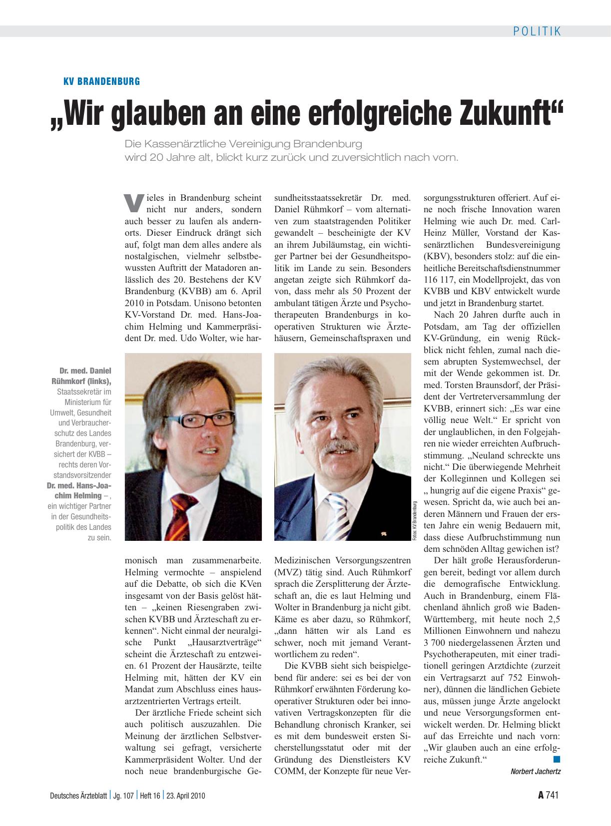 Vorschauseite 1: KV Brandenburg: „Wir glauben an eine erfolgreiche Zukunft“