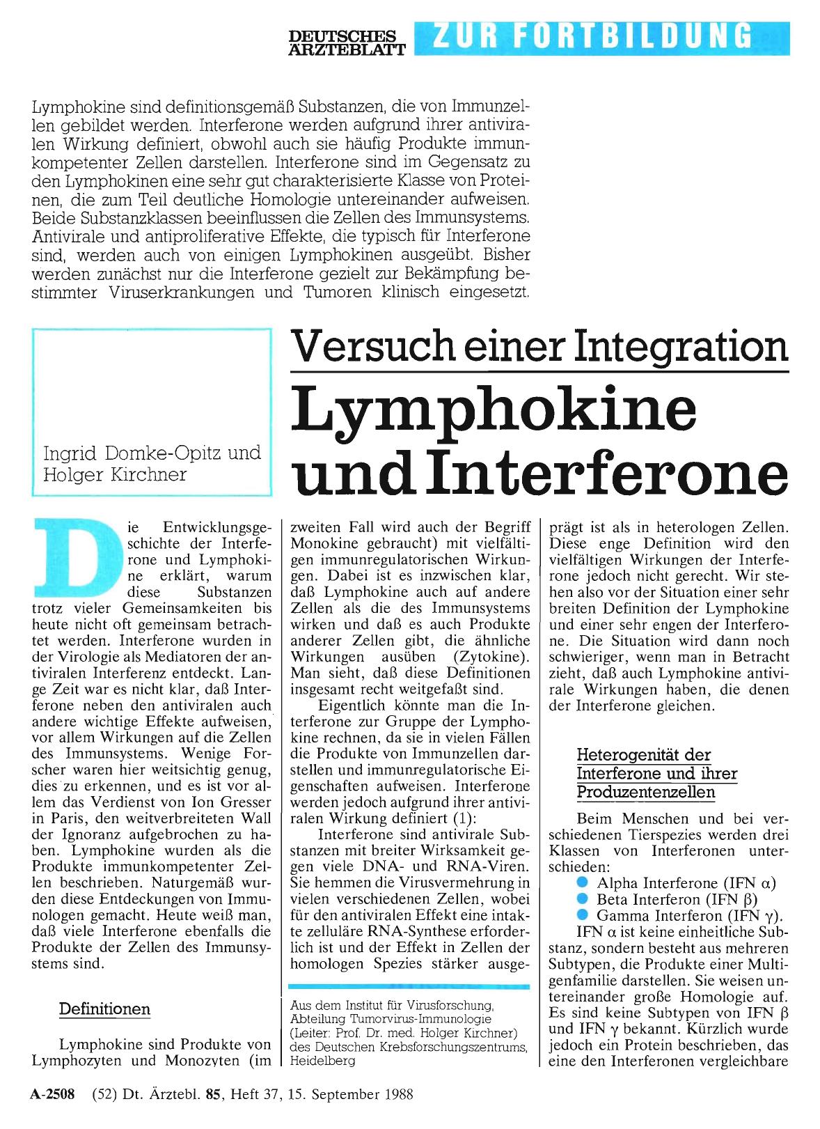 Vorschauseite 1: Versuch einer Integration: Lymphokine und Interferone