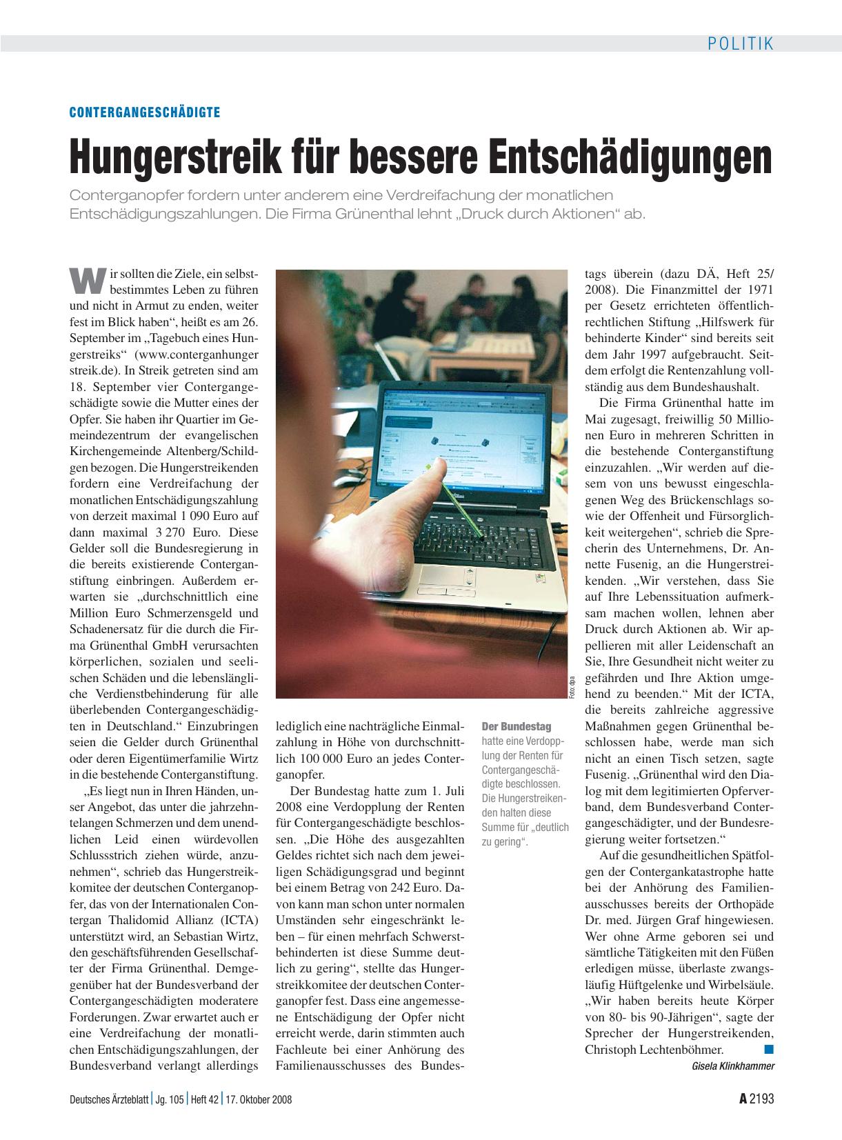 Vorschauseite 1: Contergangeschädigte: Hungerstreik für bessere Entschädigungen