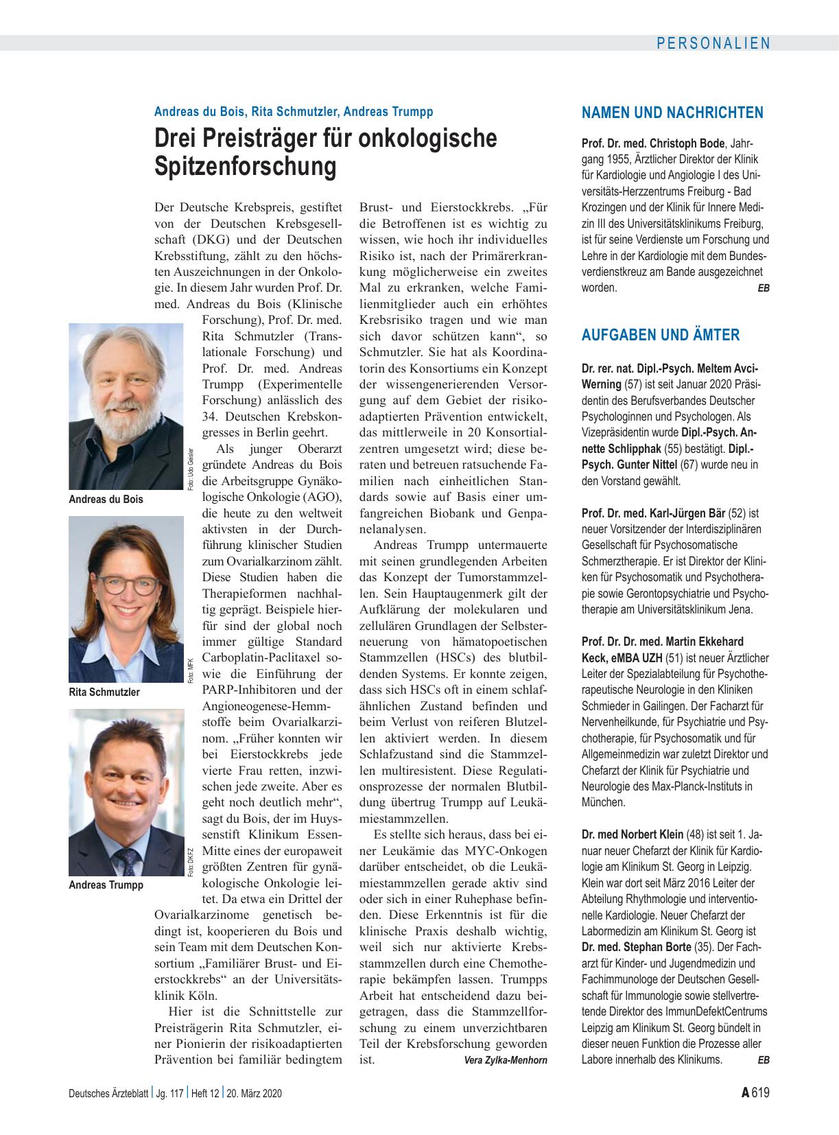 Vorschauseite 1: Andreas du Bois, Rita Schmutzler, Andreas Trumpp: Drei Preisträger für onkologische Spitzenforschung
