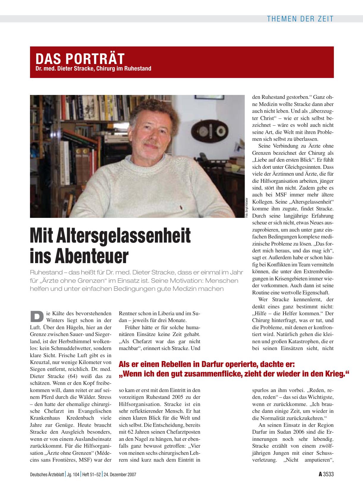 Vorschauseite 1: Mit Altersgelassenheit ins Abenteuer: Dr. med. Dieter Stracke, Chirurg im Ruhestand
