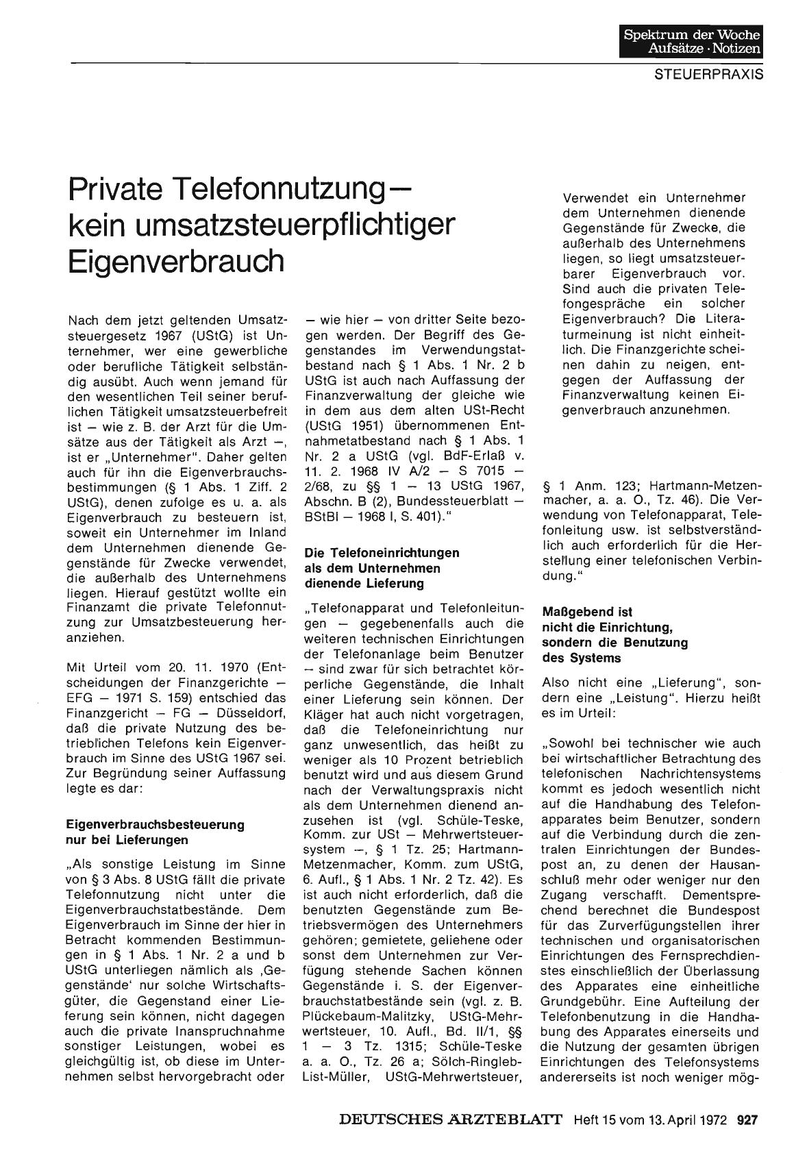 Vorschauseite 1: Private Telefonnutzung - kein umsatzsteuerpflichtiger Eigenverbrauch