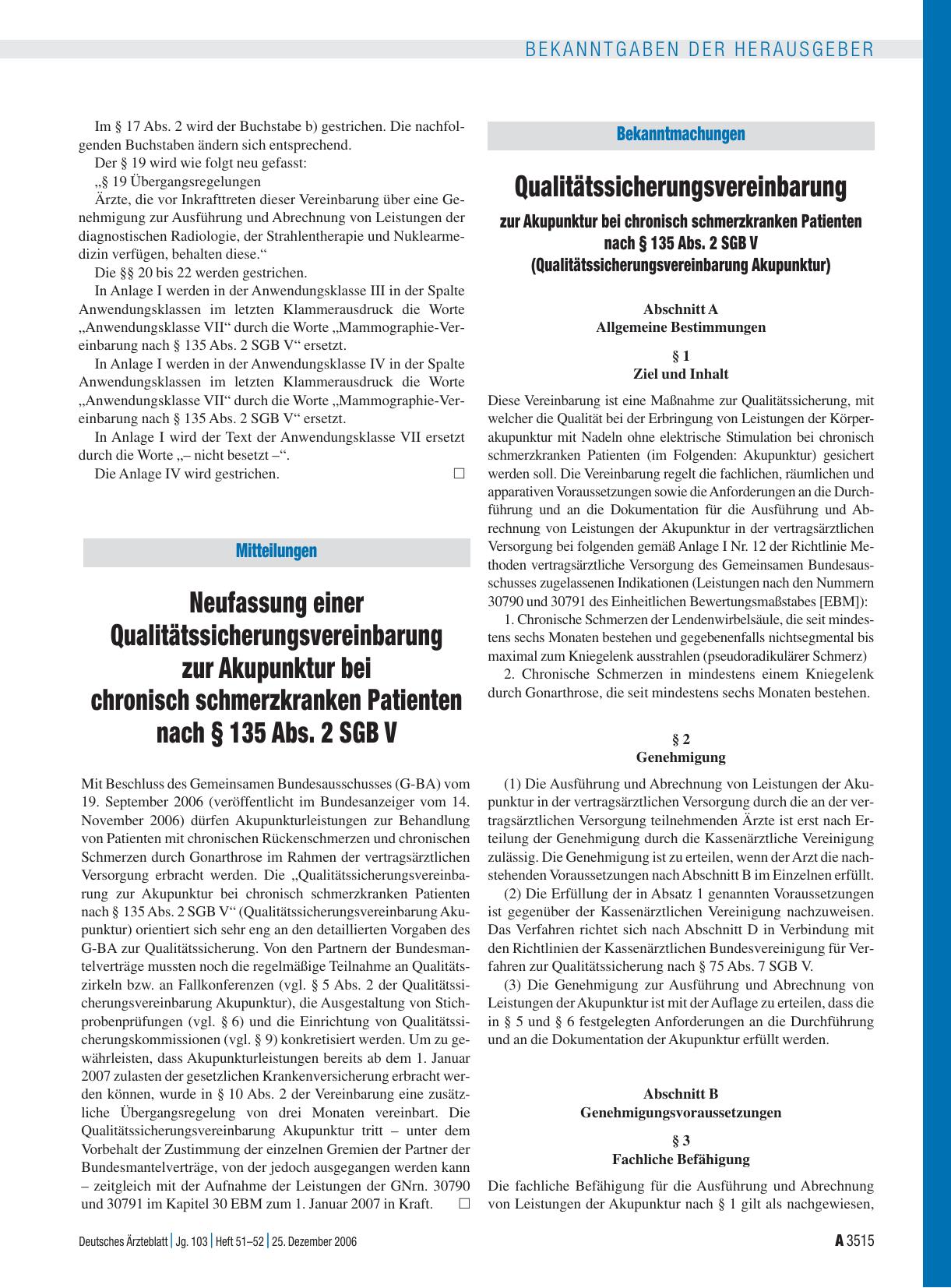 Vorschauseite 1: Bekanntmachungen: Qualitätssicherungsvereinbarung zur Akupunktur bei chronisch schmerzkranken Patienten nach § 135 Abs. 2 SGB V (Qualitätssicherungsvereinbarung Akupunktur)