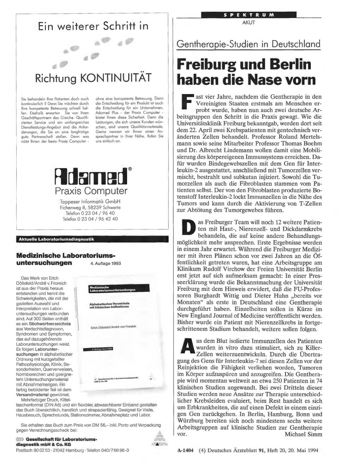 Vorschauseite 1: Gentherapie-Studien in Deutschland: Freiburg und Berlin haben die Nase vorn