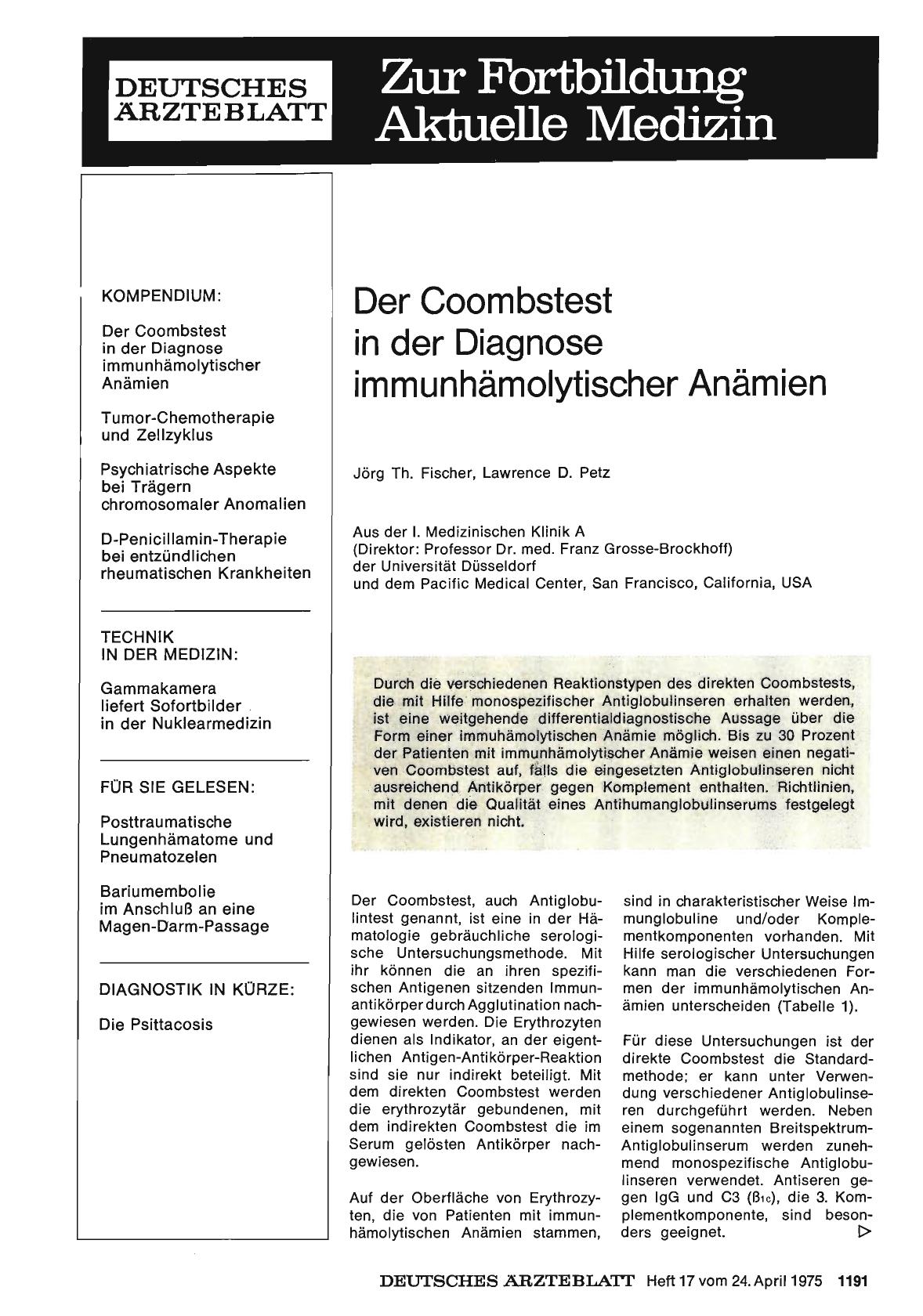 Vorschauseite 1: Der Coombstest in der Diagnose immunhämolytischer Anämien