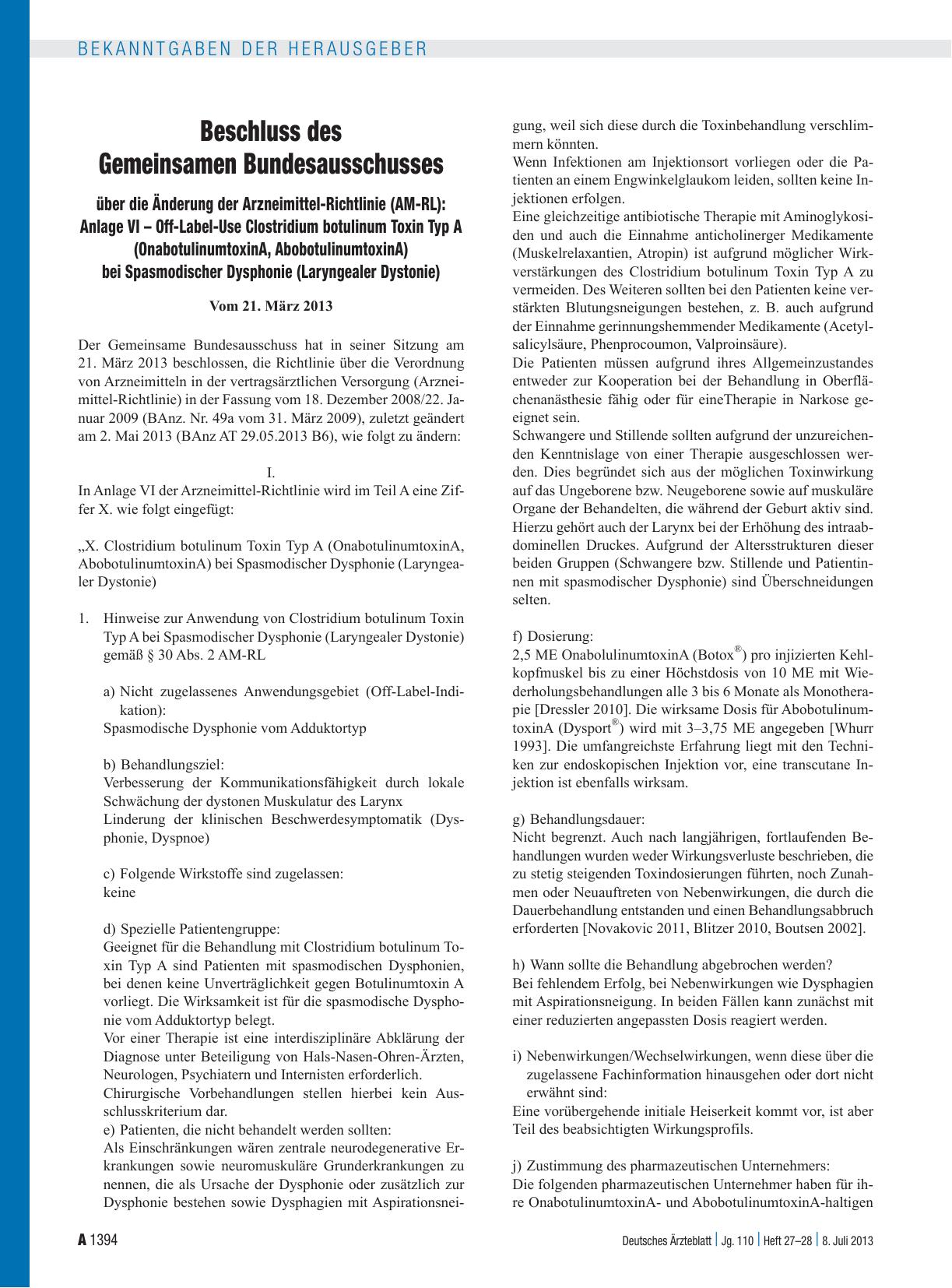 Vorschauseite 1: Beschluss des Gemeinsamen Bundesausschusses über die Änderung der Arzneimittel-Richtlinie (AM-RL): Anlage VI – Off-Label-Use Clostridium botulinum Toxin Typ A (OnabotulinumtoxinA,…