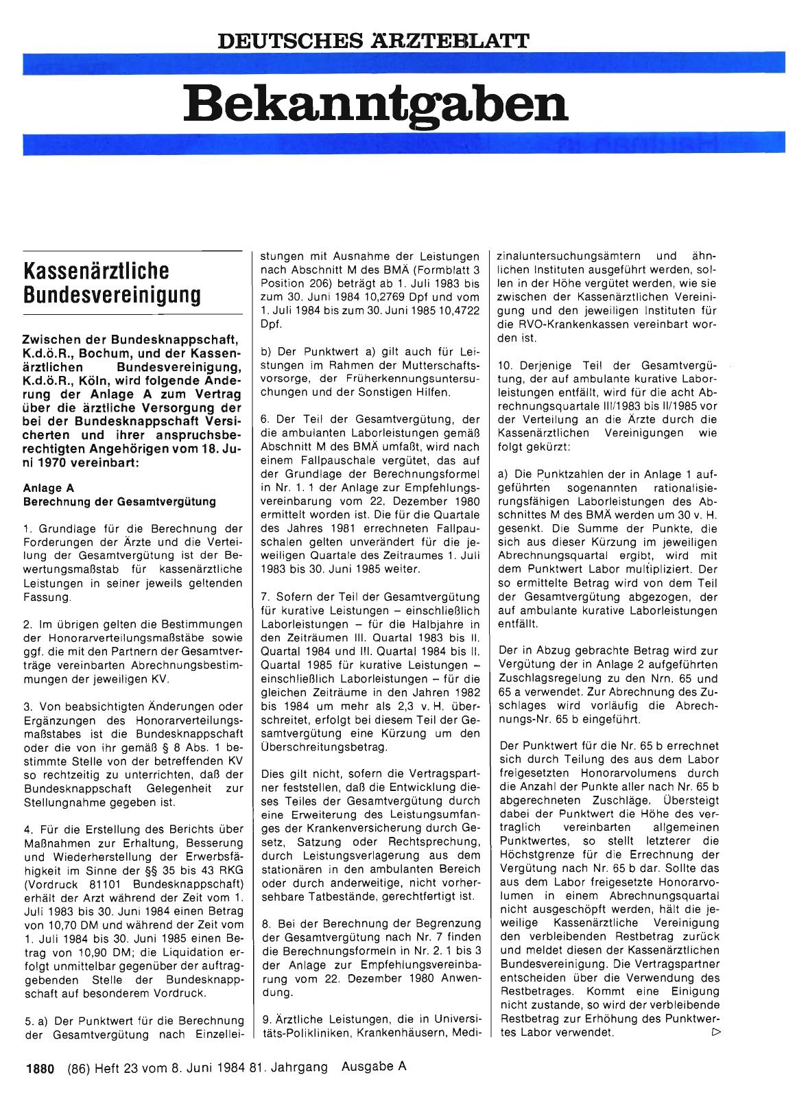 Vorschauseite 1: Änderung der Anlage A zum Vertrag über die ärztliche Versorgung der bei der Bundesknappschaft Versicherten und ihrer anspruchsberechtigten Angehörigen