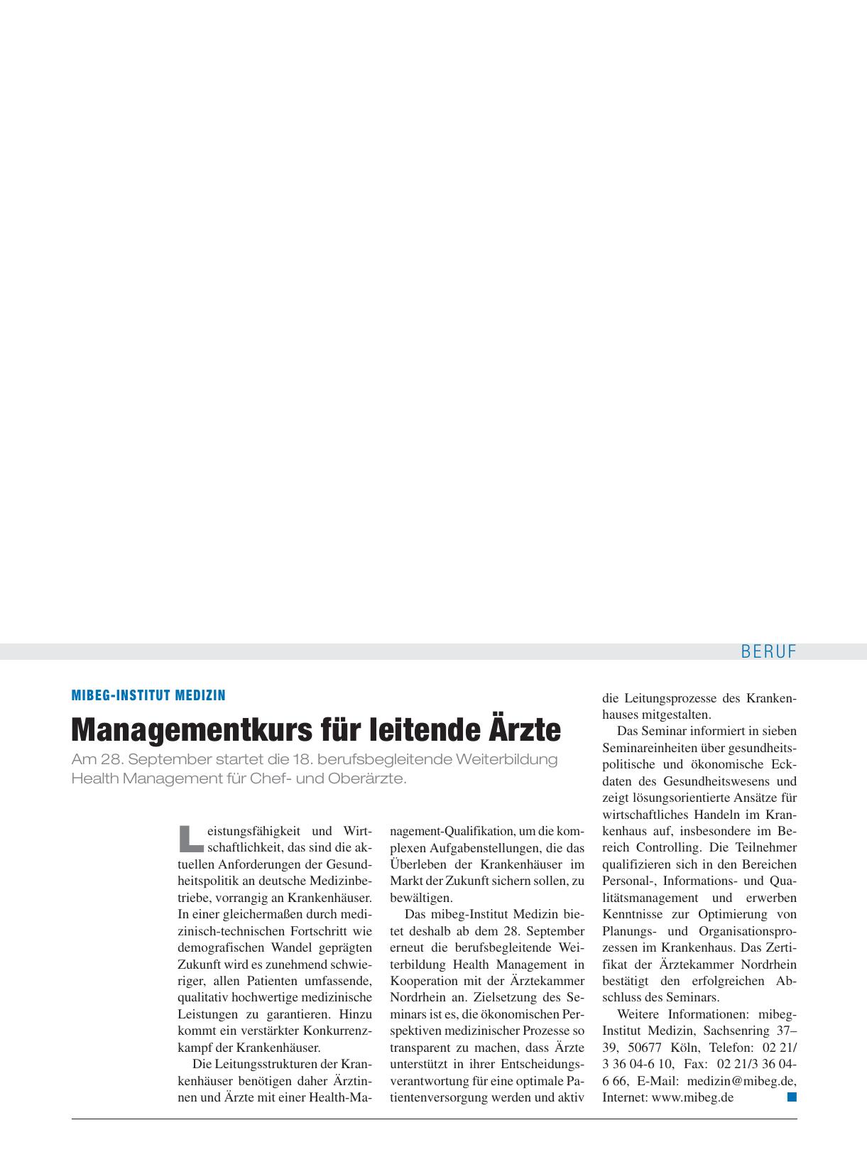 Vorschauseite 1: mibeg-Institut Medizin: Managementkurs für leitende Ärzte