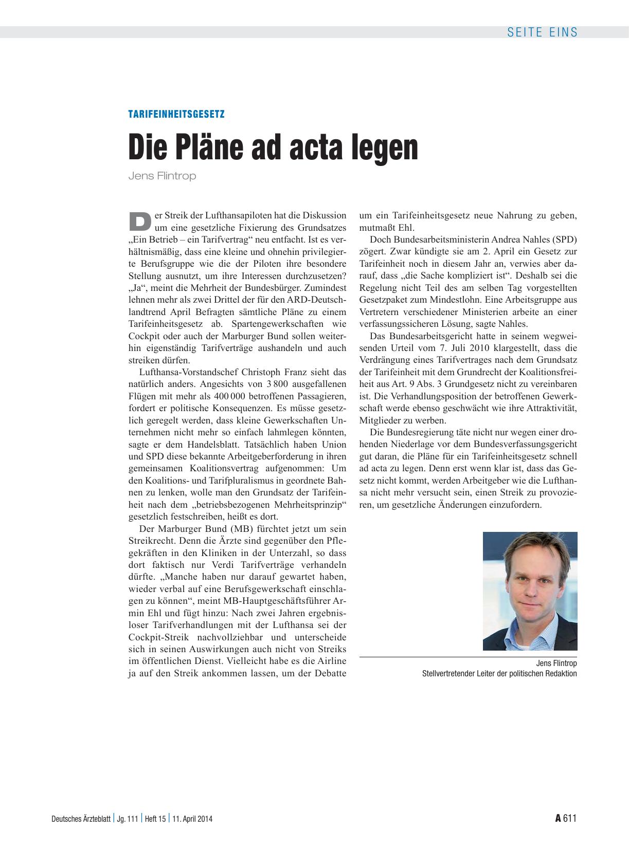 Vorschauseite 1: Tarifeinheitsgesetz: Die Pläne ad acta legen