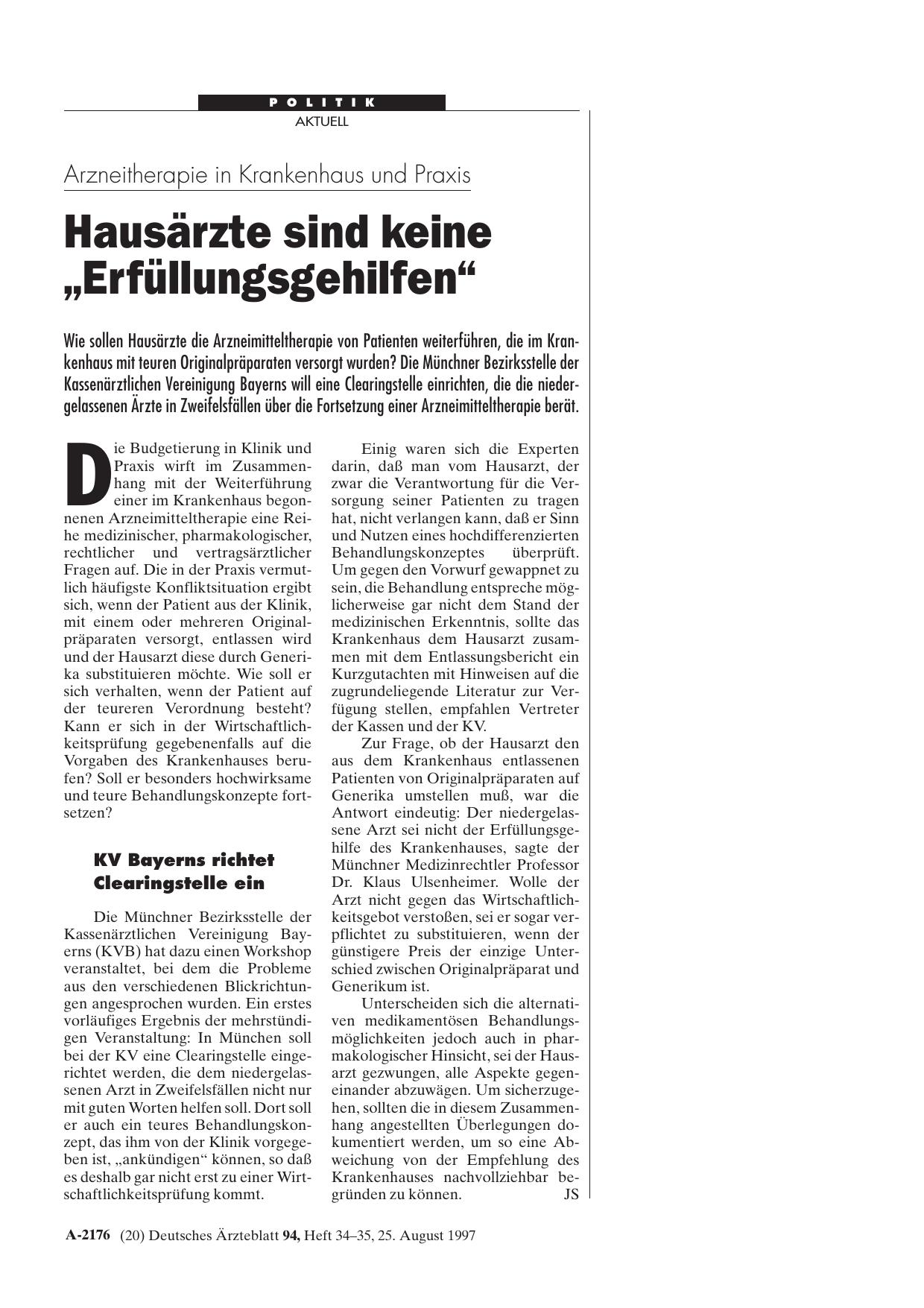 Vorschauseite 1: Arzneitherapie in Krankenhaus und Praxis: Hausärzte sind keine „Erfüllungsgehilfen“