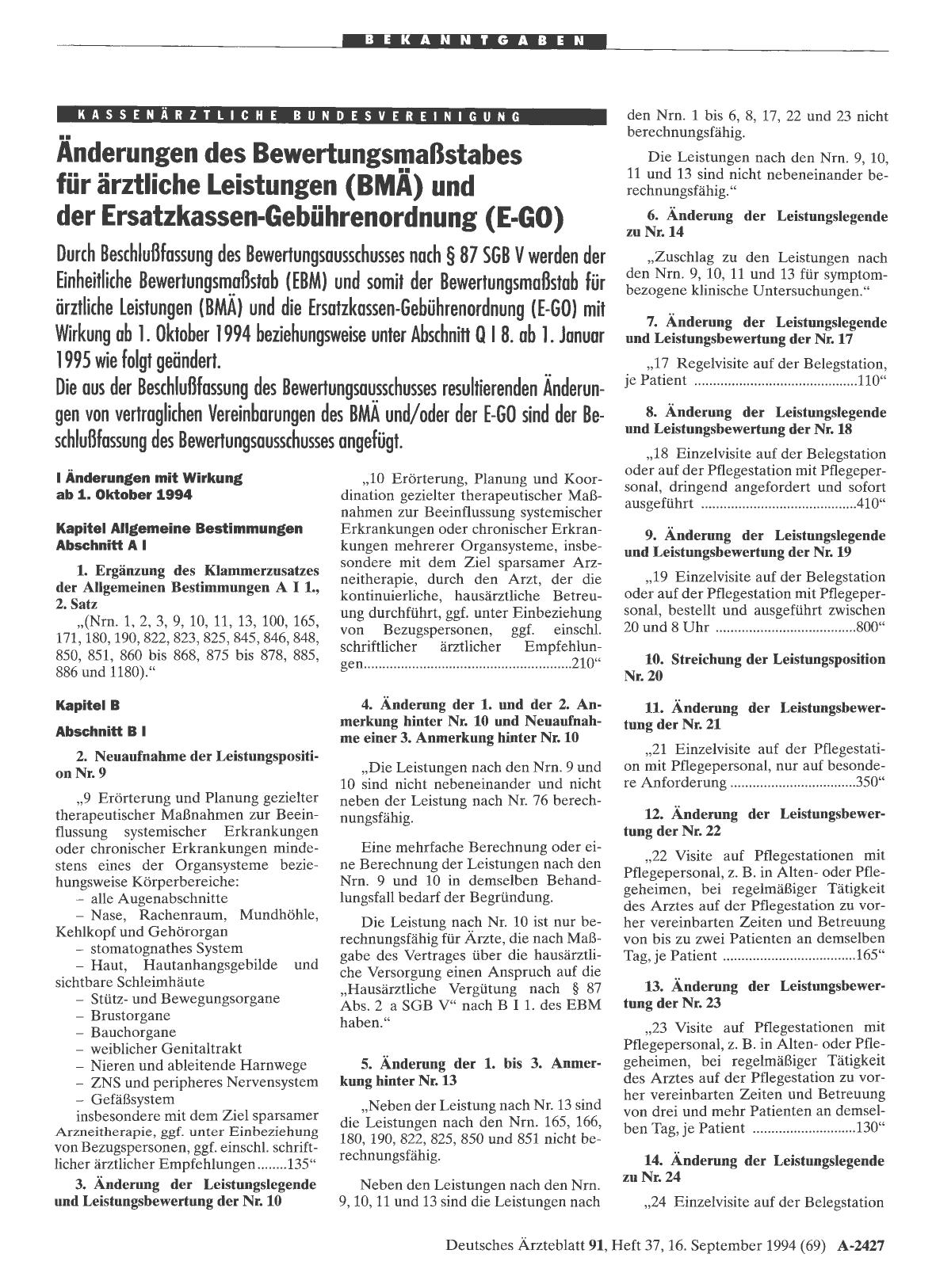 Vorschauseite 1: Änderungen des Bewertungsmaßstabes für ärztliche Leistungen (BMÄ) und der Ersatzkassen-Gebührenordnung (E-GO)