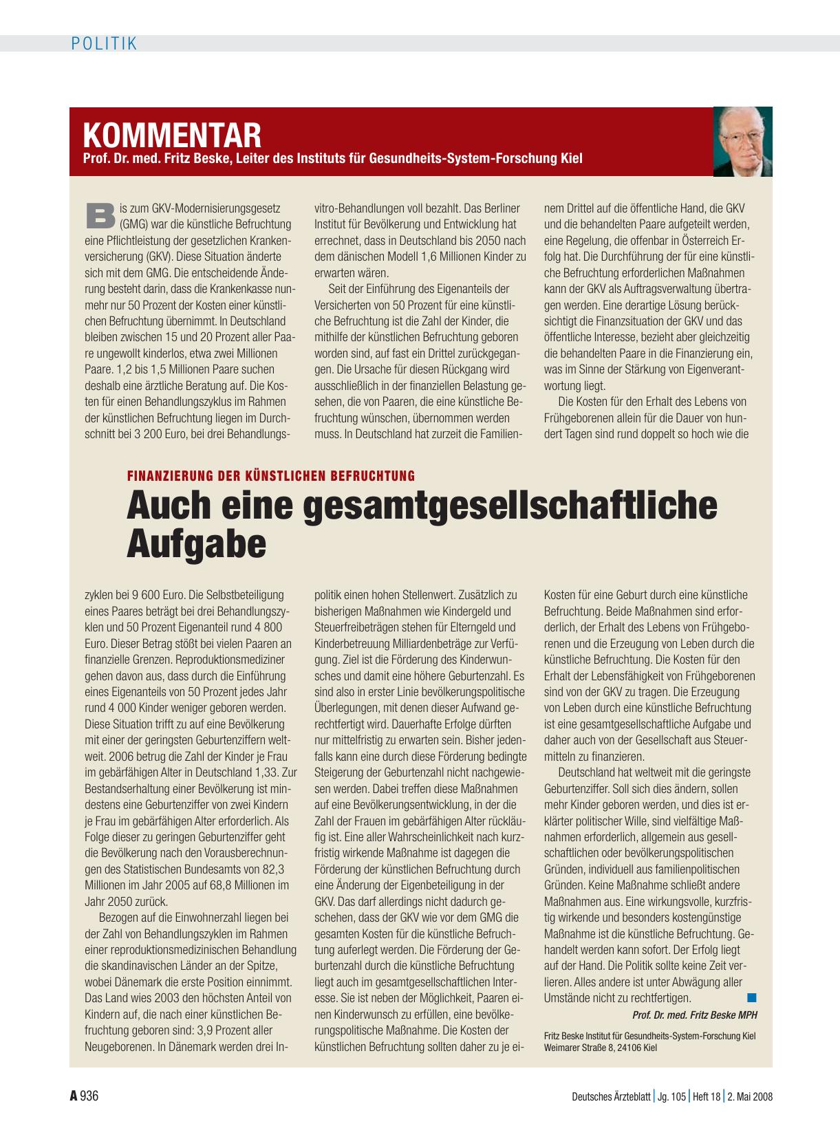 Vorschauseite 1: Finanzierung der Künstlichen Befruchtung: Auch eine gesamtgesellschaftliche Aufgabe