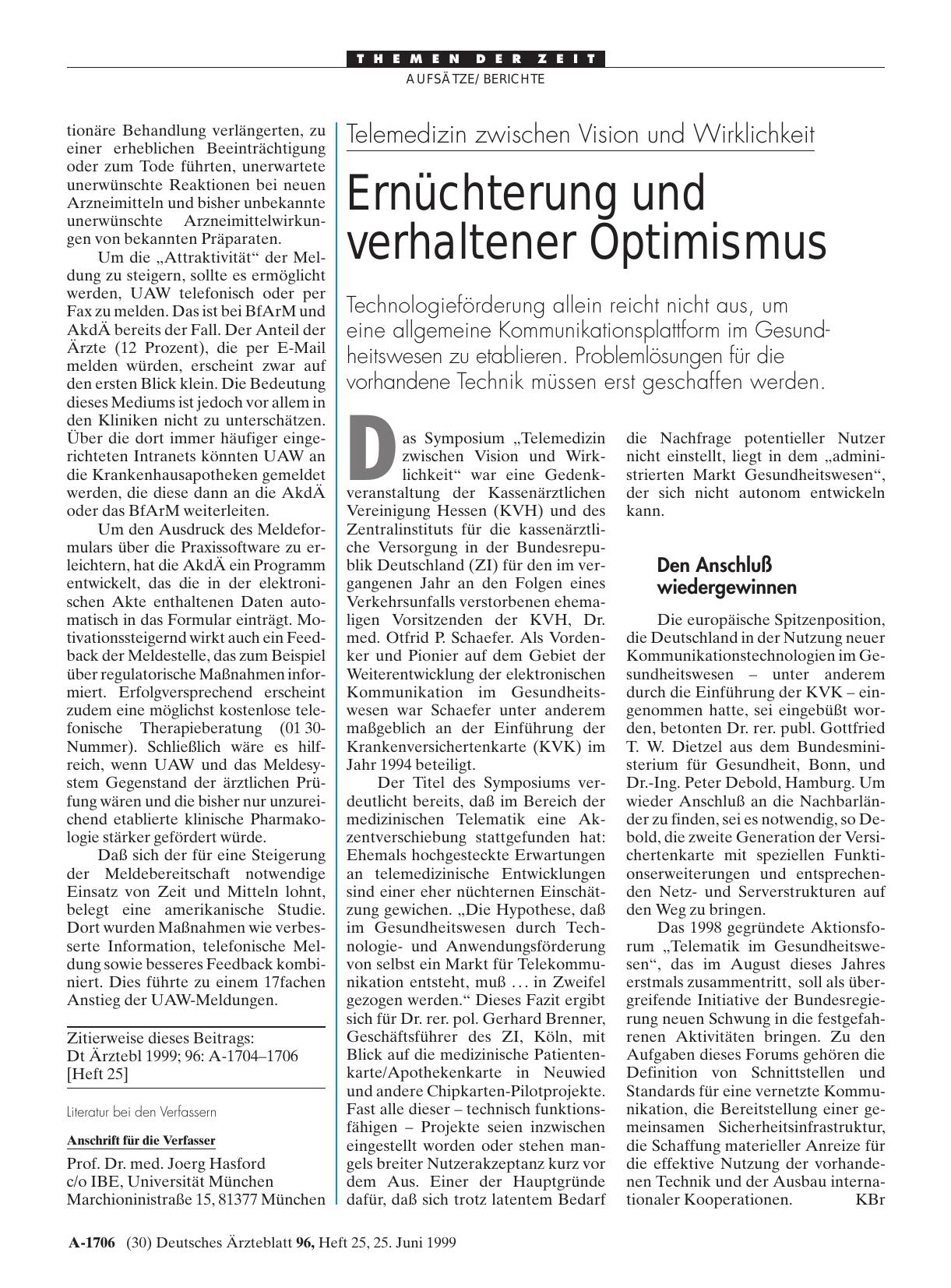 Vorschauseite 1: Telemedizin zwischen Vision und Wirklichkeit: Ernüchterung und verhaltener Optimismus