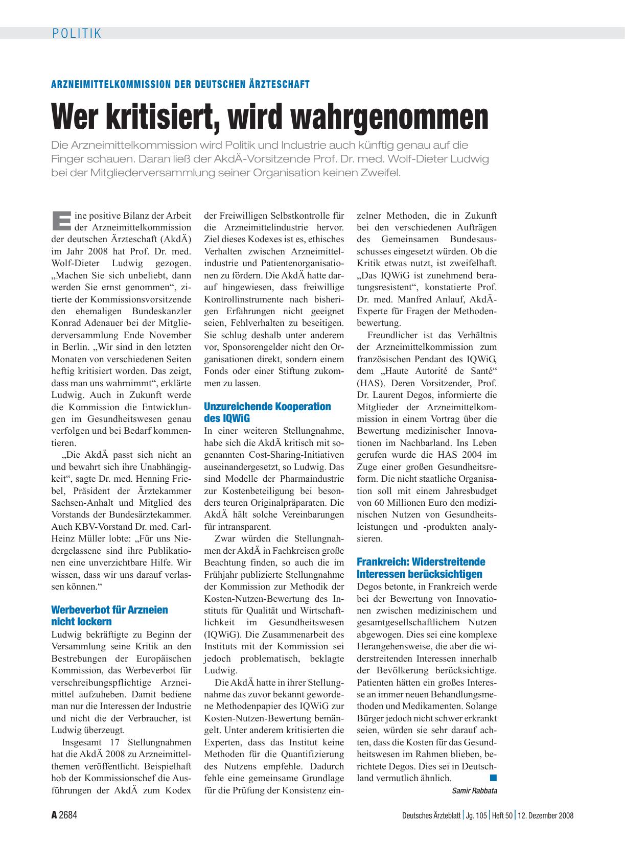 Vorschauseite 1: Arzneimittelkommission der deutschen Ärzteschaft: Wer kritisiert, wird wahrgenommen