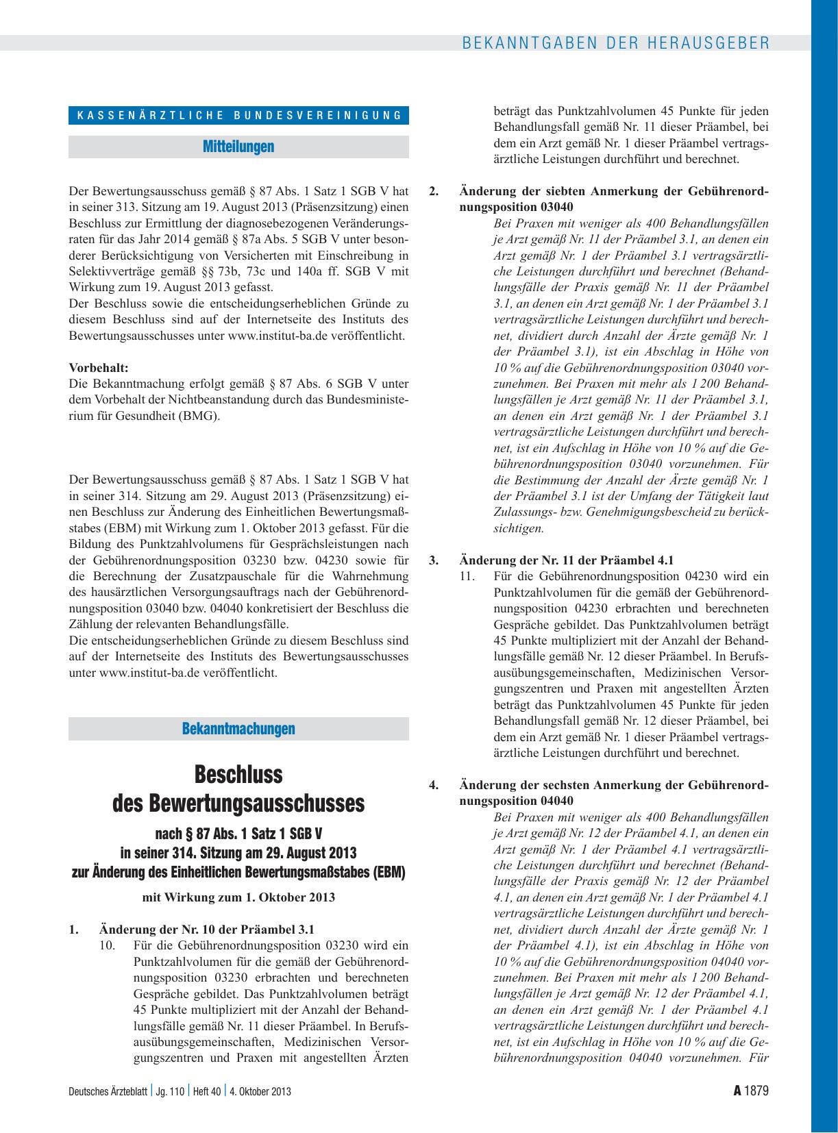 Vorschauseite 1: Beschluss des Bewertungsausschusses nach § 87 Abs. 1 Satz 1 SGB V in seiner 314. Sitzung am 29. August 2013 zur Änderung des Einheitlichen Bewertungsmaßstabes (EBM)