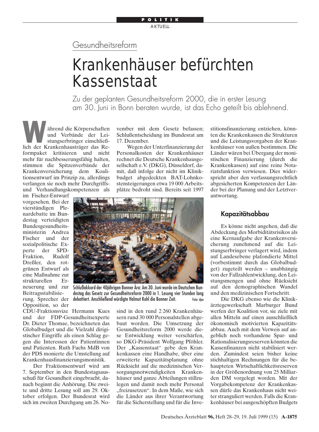 Vorschauseite 1: Gesundheitsreform: Krankenhäuser befürchten Kassenstaat