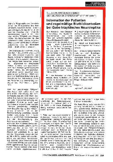 Vorschauseite 1: Information der Patienten und regelmäßige Blutbildkontrollen bei Gabe trizyklischer Neuroleptika