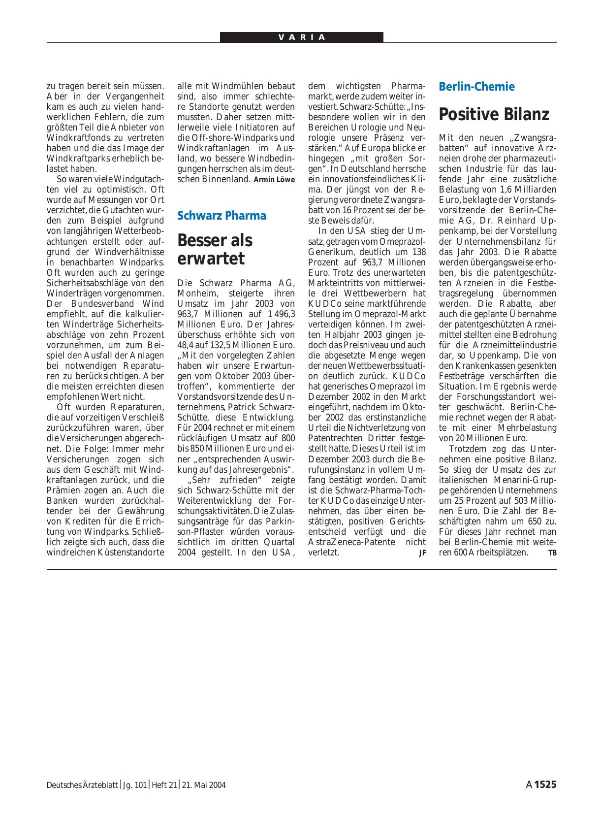 Vorschauseite 1: Berlin-Chemie: Positive Bilanz