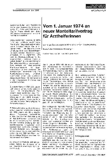 Vorschauseite 1: Vom 1. Januar 1974 an neuer Manteltarifvertrag für Arzthelferinnen