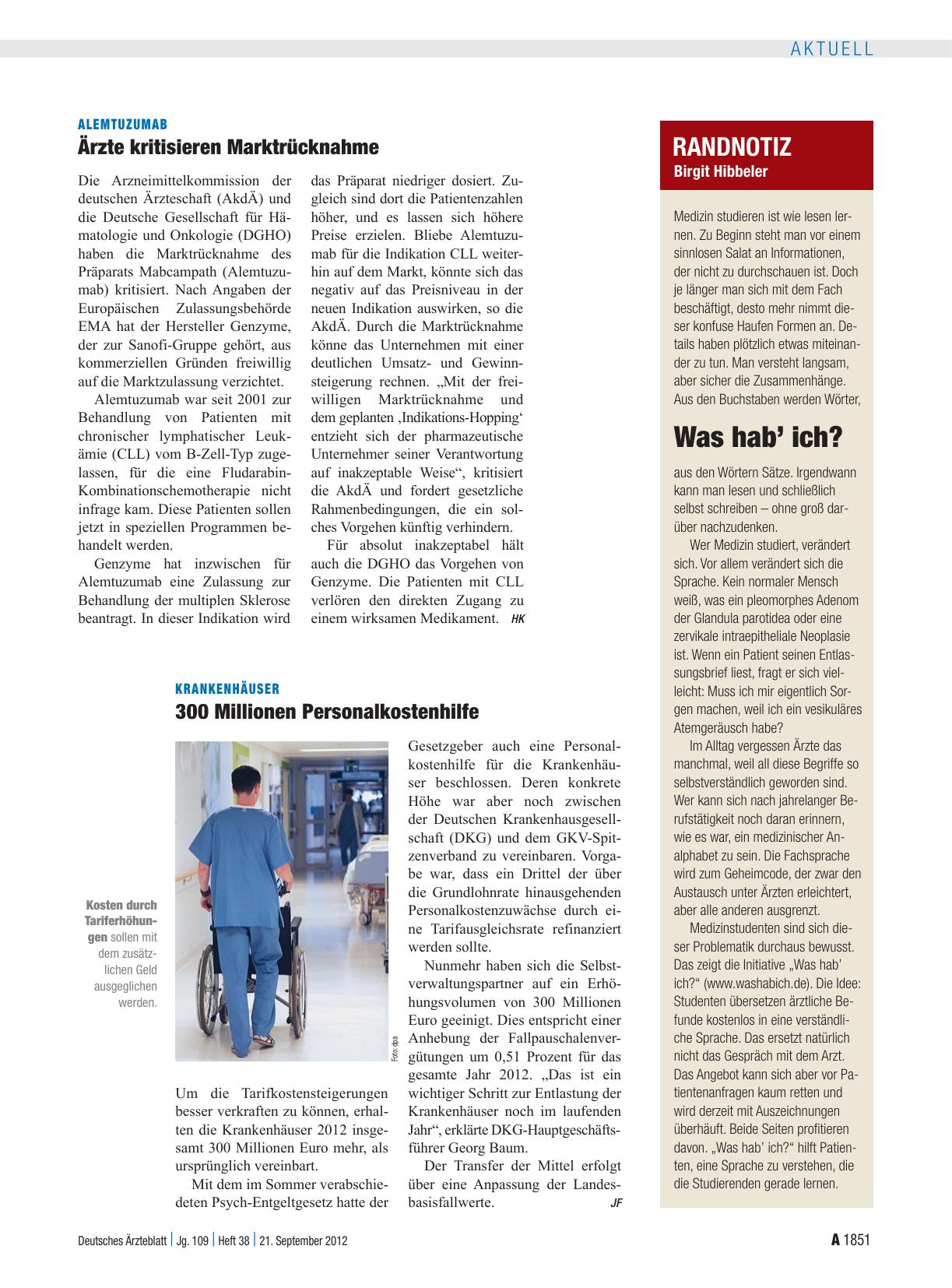 Vorschauseite 1: Krankenhäuser: 300 Millionen Personalkostenhilfe