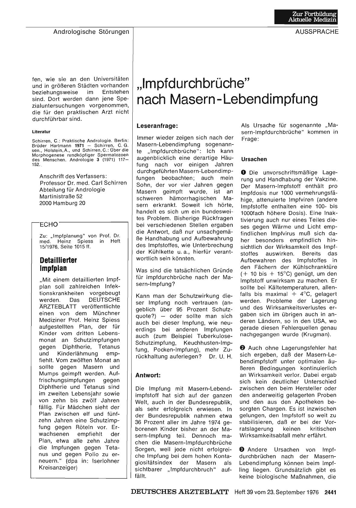 Vorschauseite 1: „Impfdurchbrüche“ nach Masern-Lebendimpfung: Antwort: