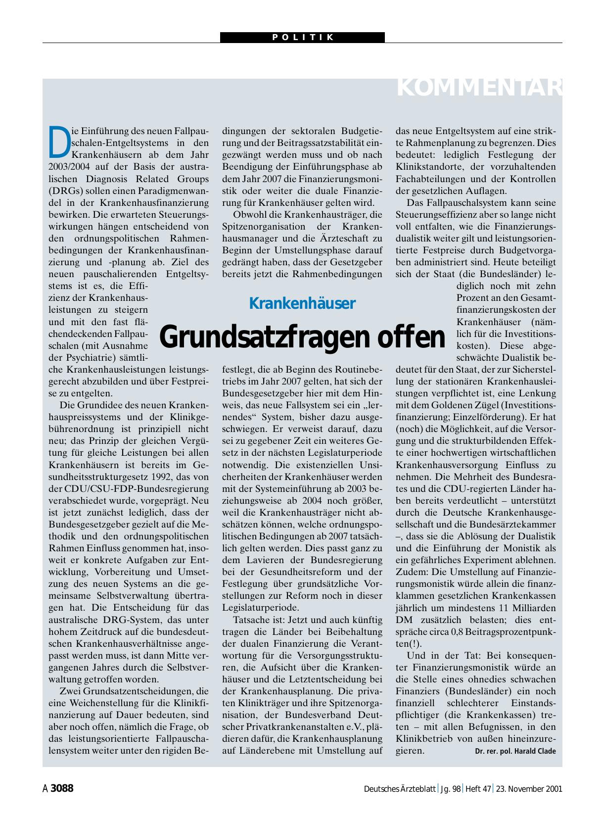 Vorschauseite 1: Krankenhäuser: Grundsatzfragen offen