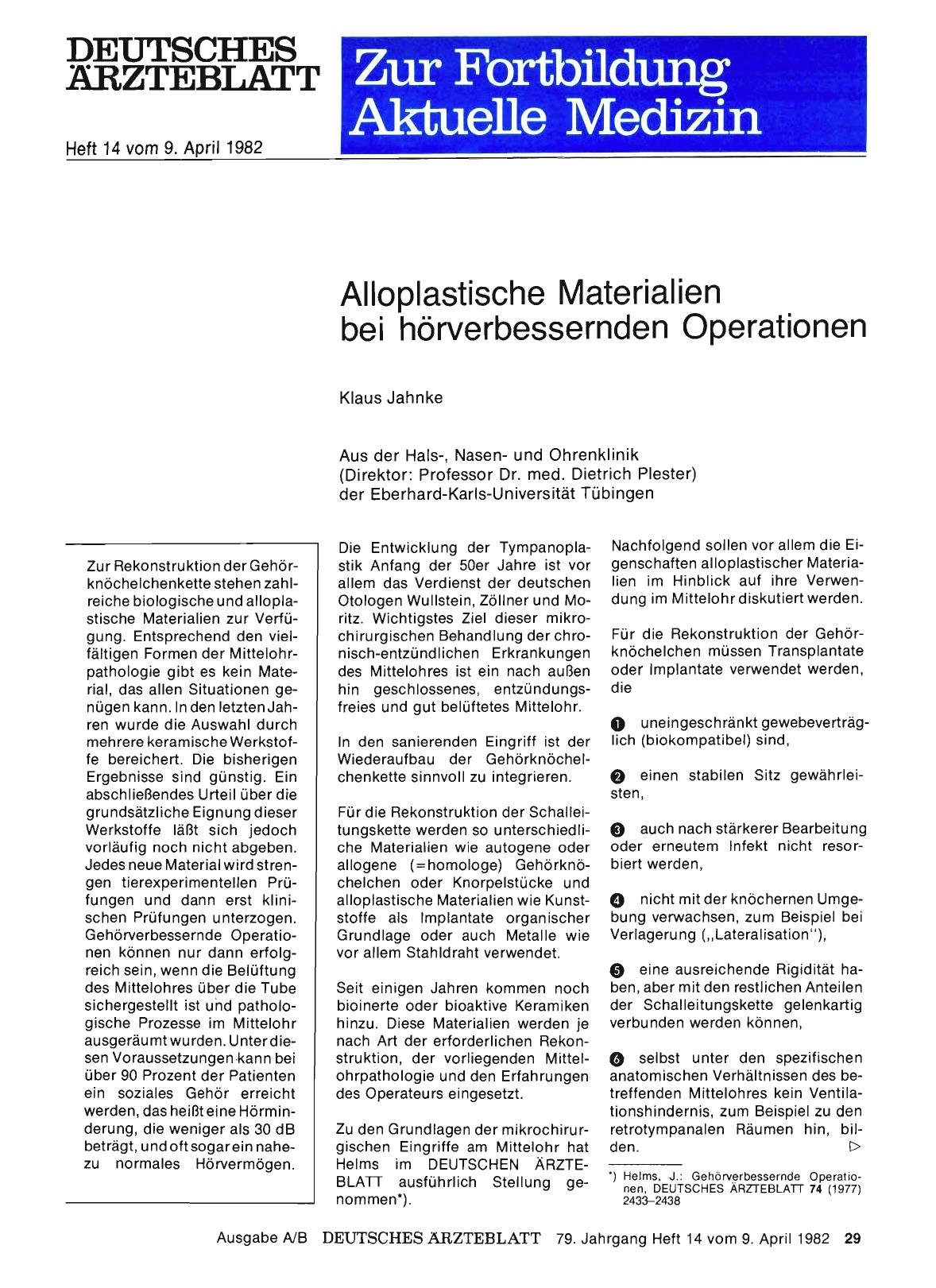 Vorschauseite 1: Alloplastische Materialien bei hörverbessernden Operationen