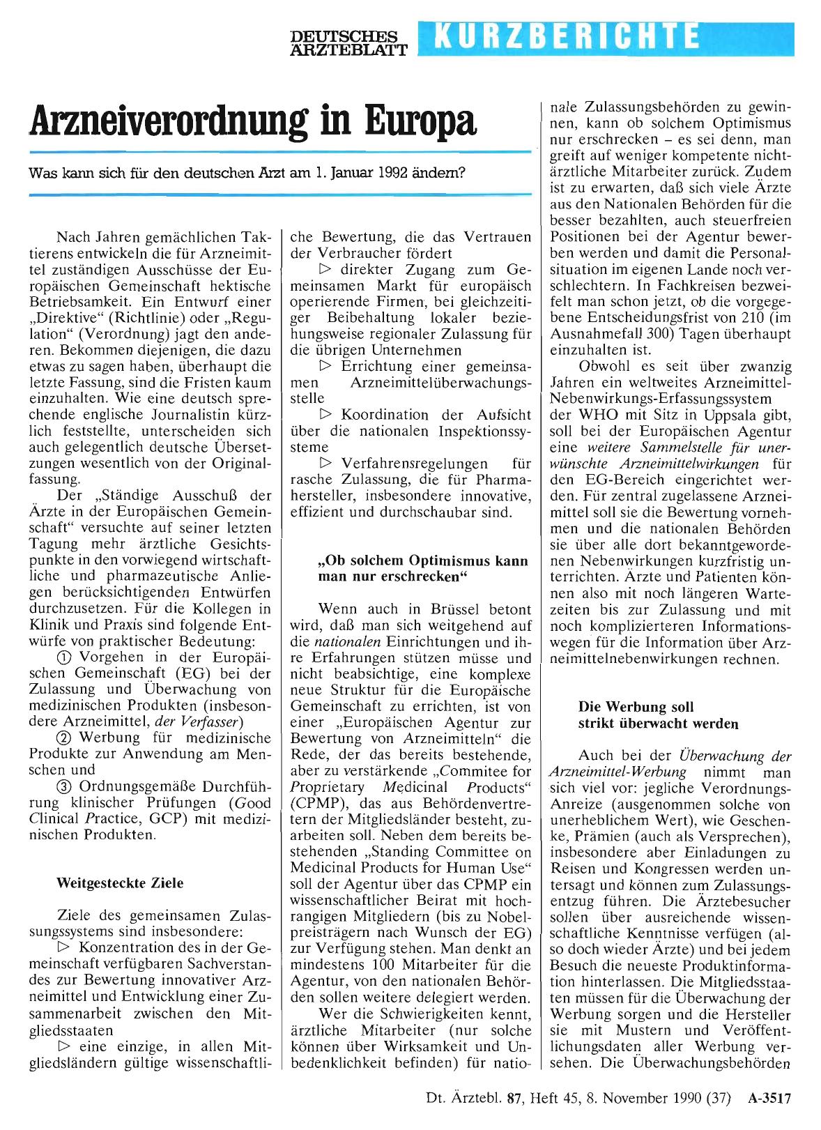 Vorschauseite 1: Arzneiverordnung in Europa: Was kann sich für den deutschen Arzt am 1. Januar 1992 ändern?