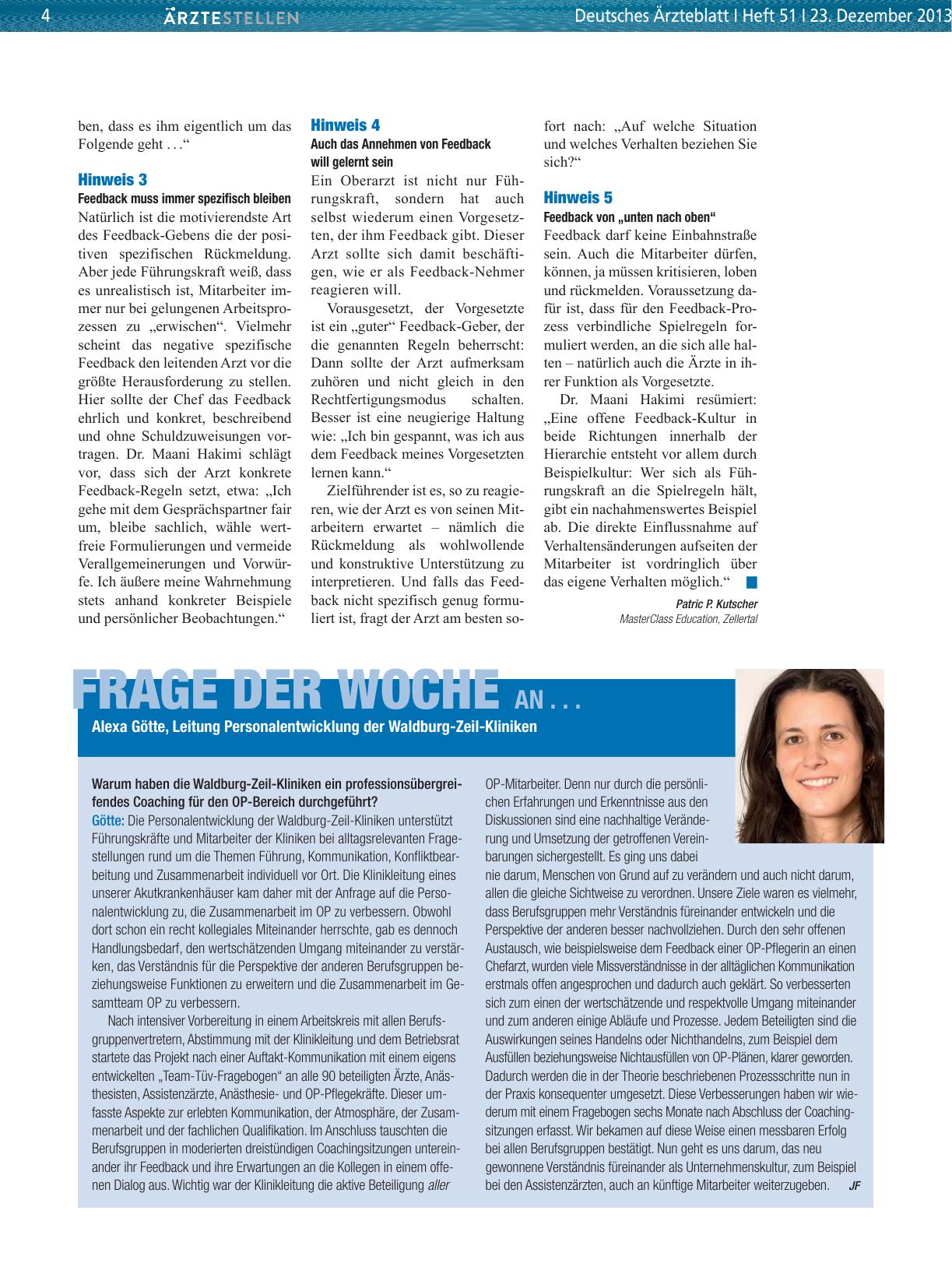Vorschauseite 1: Frage der Woche an. .. Alexa Götte, Leitung Personalentwicklung der Waldburg-Zeil-Kliniken
