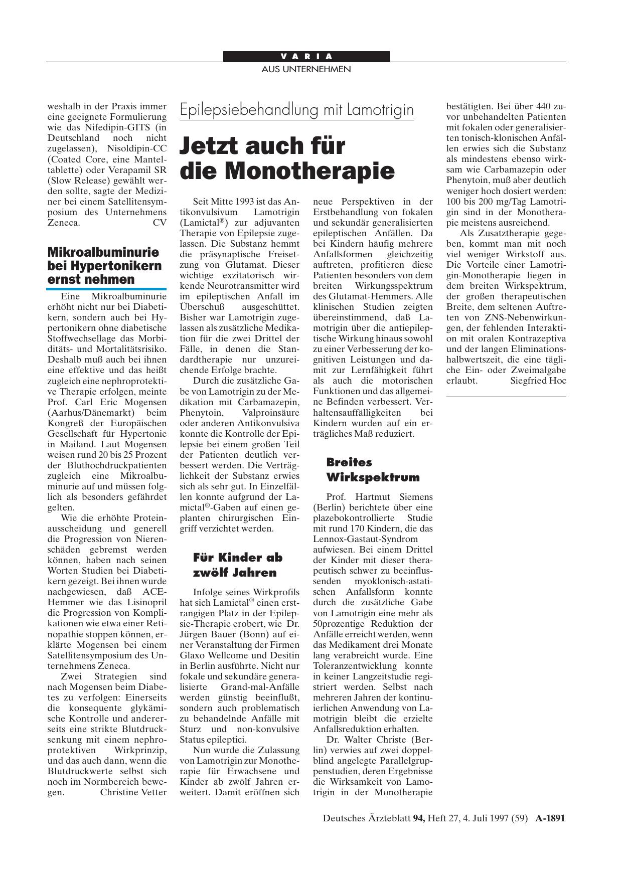 Vorschauseite 1: Epilepsiebehandlung mit Lamotrigin: Jetzt auch für die Monotherapie