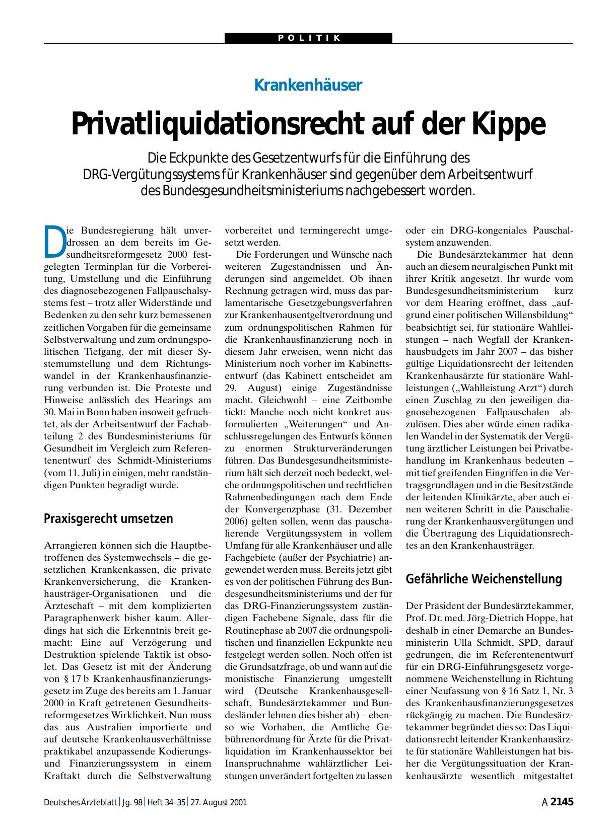 Vorschauseite 1: Krankenhäuser: Privatliquidationsrecht auf der Kippe