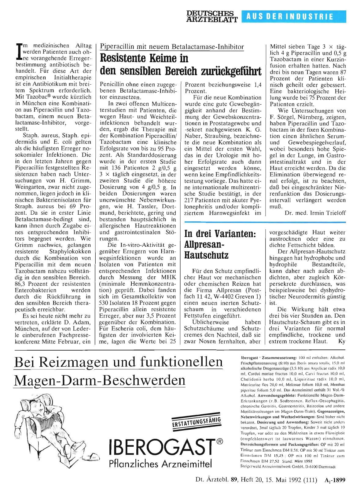Vorschauseite 1: Piperacillin mit neuem Betalactamase-Inhibitor: Resistente Keime in den sensiblen Bereich zurückgeführt