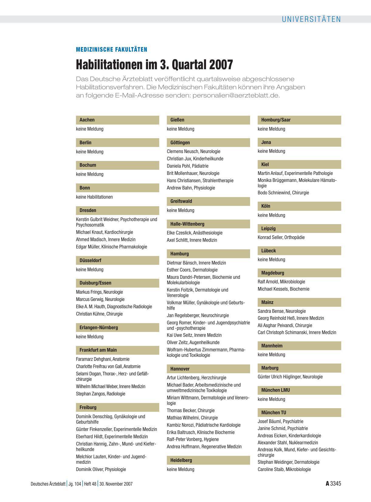 Vorschauseite 1: MEDIZINISCHE FAKULTÄTEN: Habilitationen im 3. Quartal 2007