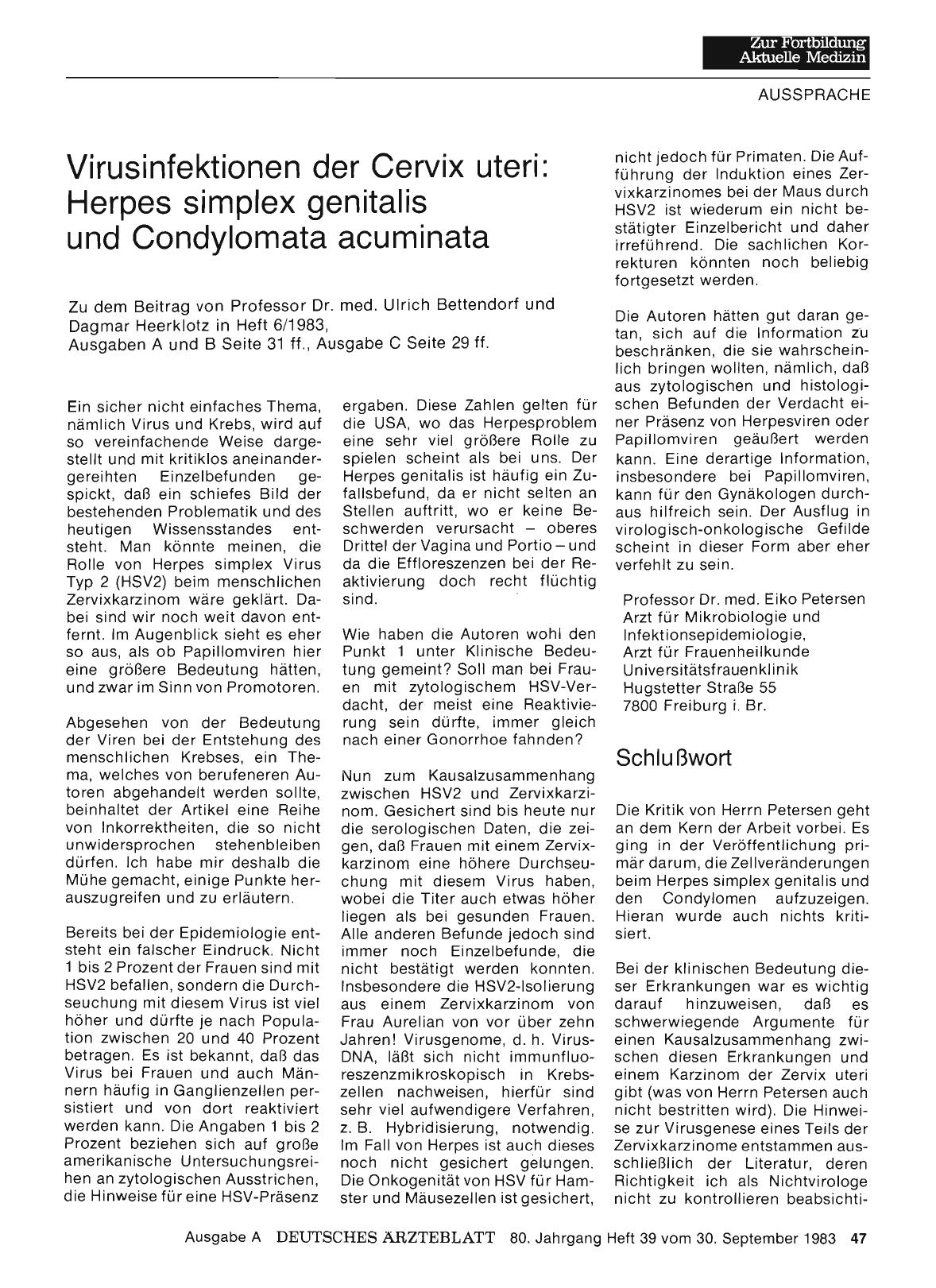 Vorschauseite 1: Virusinfektionen der Cervix uteri: Herpes simplex genitalis und Condylomata acuminata: Schlußwort