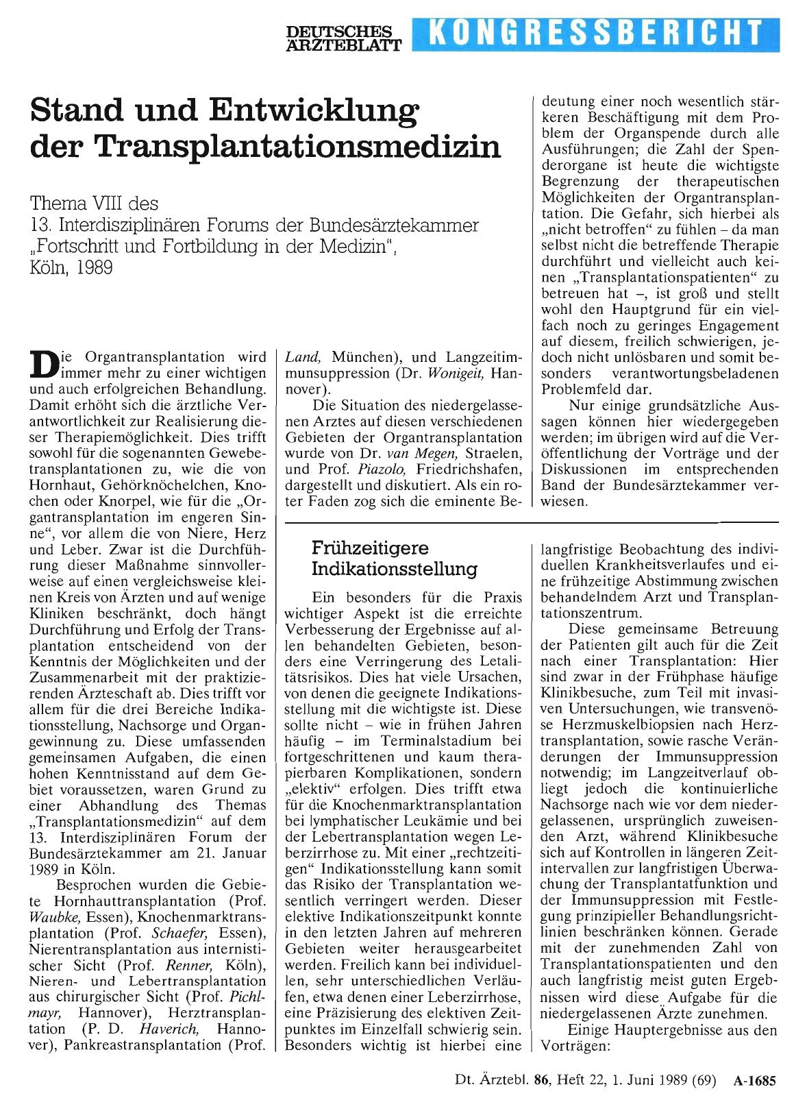 Vorschauseite 1: Stand und Entwicklung der Transplantationsmedizin