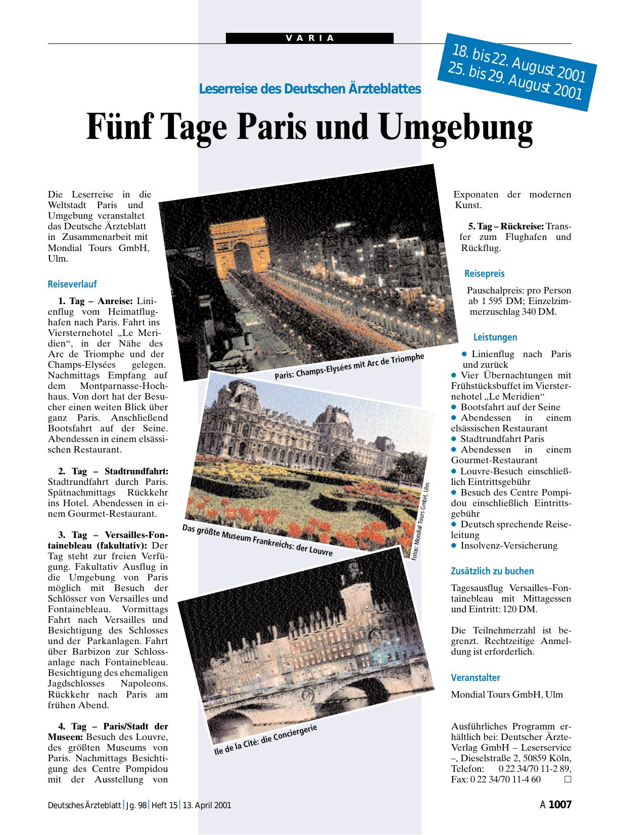 Vorschauseite 1: Leserreise des Deutschen Ärzteblattes: Fünf Tage Paris und Umgebung