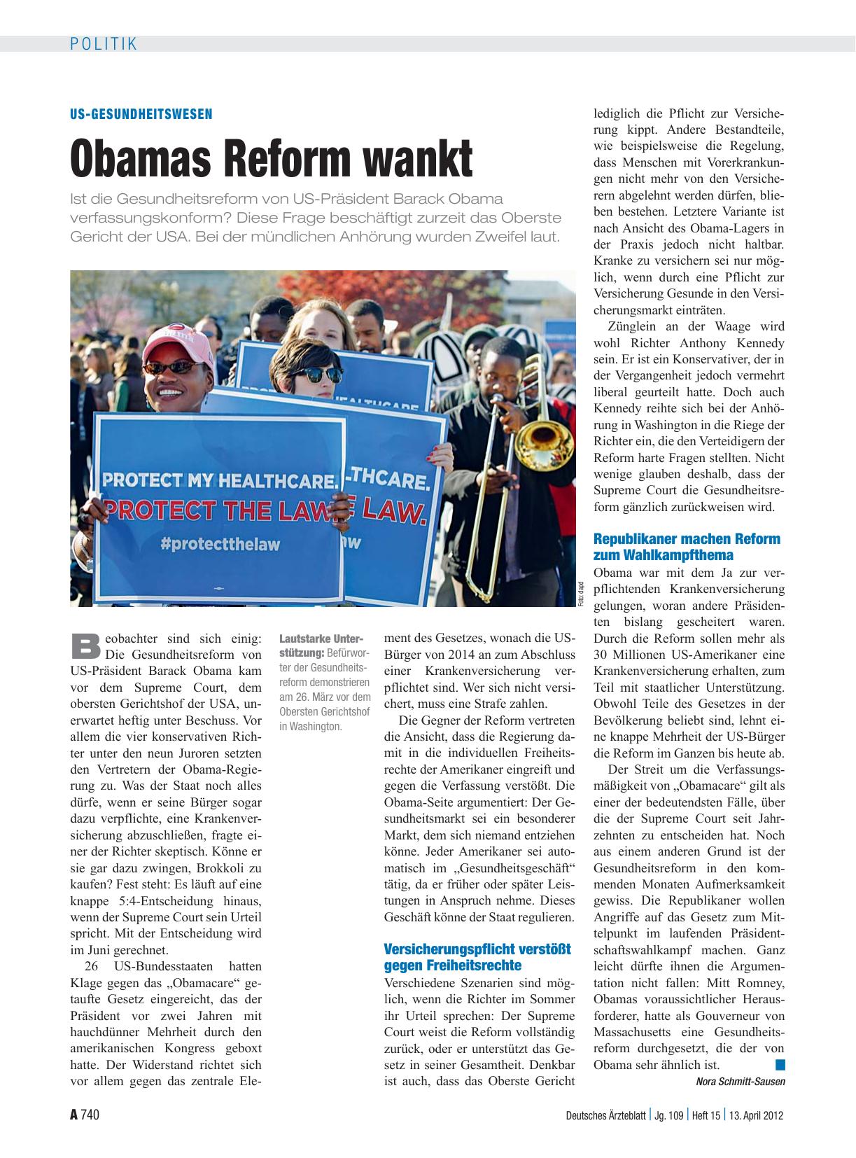 Vorschauseite 1: US-Gesundheitswesen: Obamas Reform wankt