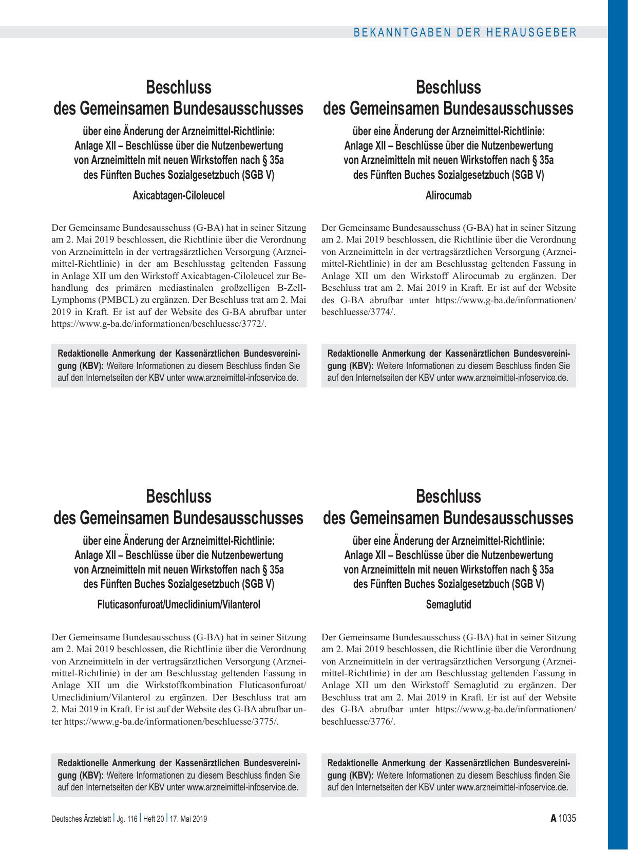 Vorschauseite 1: Beschluss des Gemeinsamen Bundesausschusses über eine Änderung der Arzneimittel-Richtlinie: Anlage XII – Alirocumab