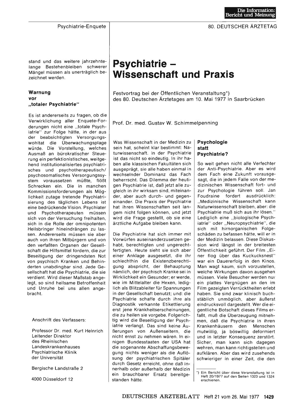 Vorschauseite 1: Psychiatrie - Wissenschaft und Praxis: Festvortrag bei der Öffentlichen Veranstaltung*) des 80. Deutschen Ärztetages am 10. Mai 1977 in Saarbrücken