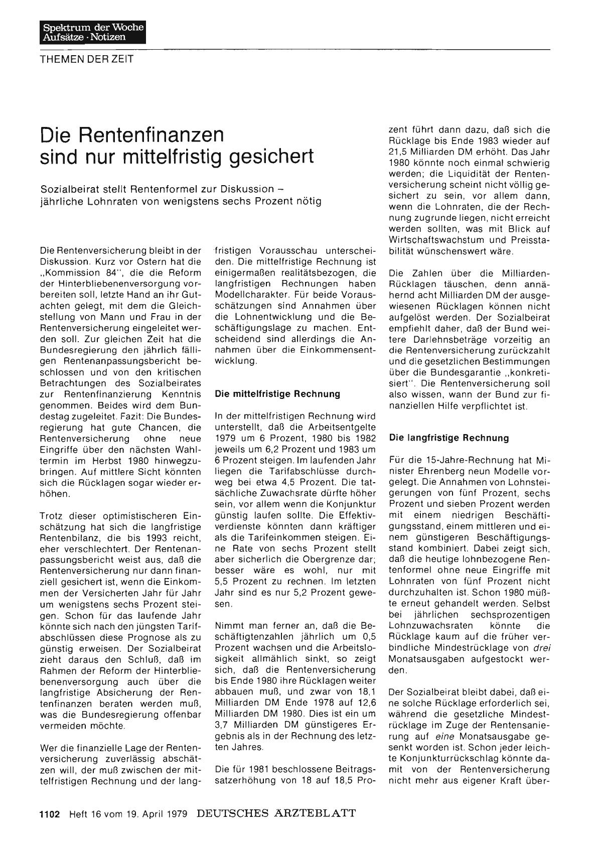 Vorschauseite 1: Die Rentenfinanzen sind nur mittelfristig gesichert: Sozialbeirat stellt Rentenformel zur Diskussion — jährliche Lohnraten von wenigstens sechs Prozent nötig
