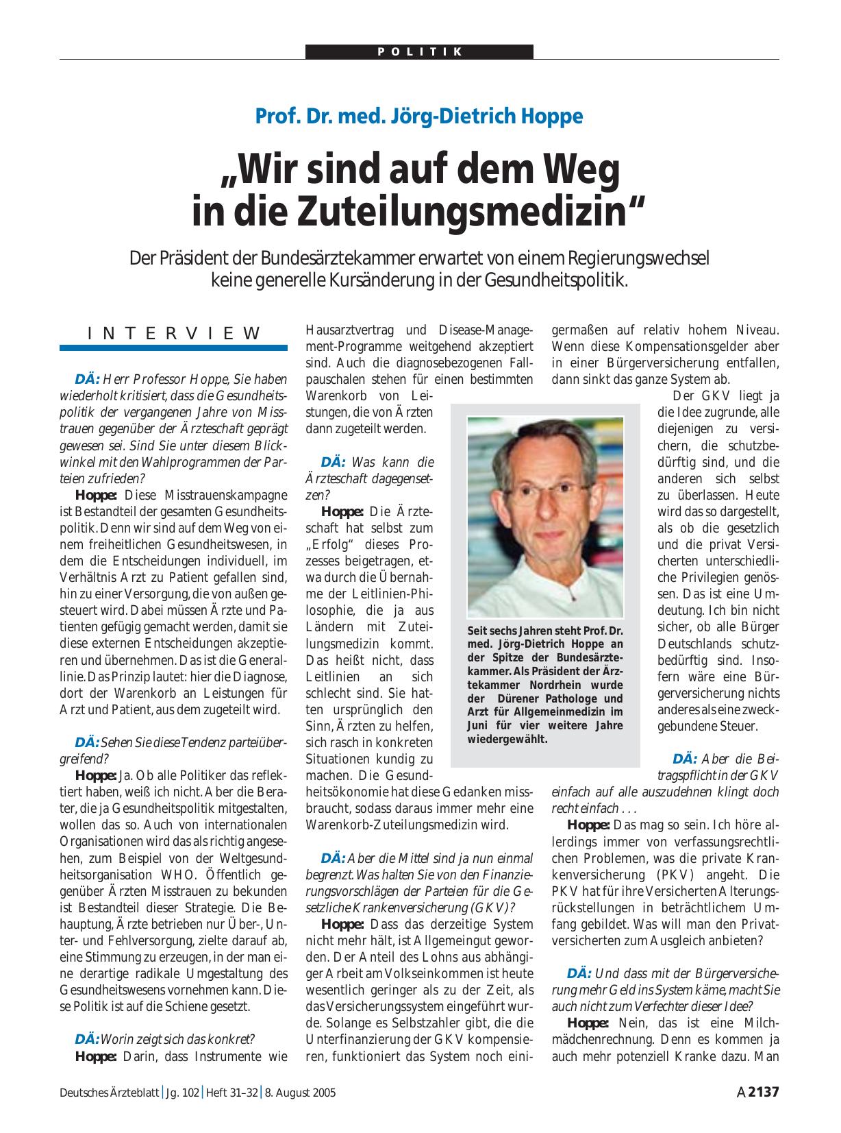 Vorschauseite 1: Prof. Dr. med. Jörg-Dietrich Hoppe: „Wir sind auf dem Weg in die Zuteilungsmedizin“
