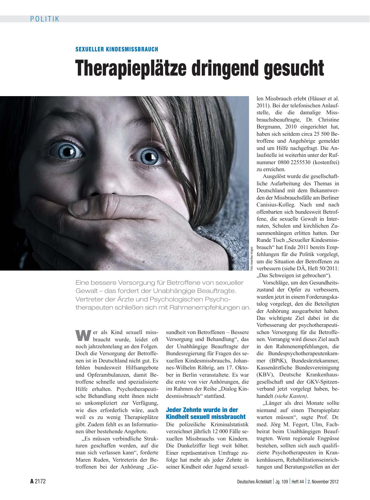 Vorschauseite 1: Sexueller Kindesmissbrauch: Therapieplätze dringend gesucht