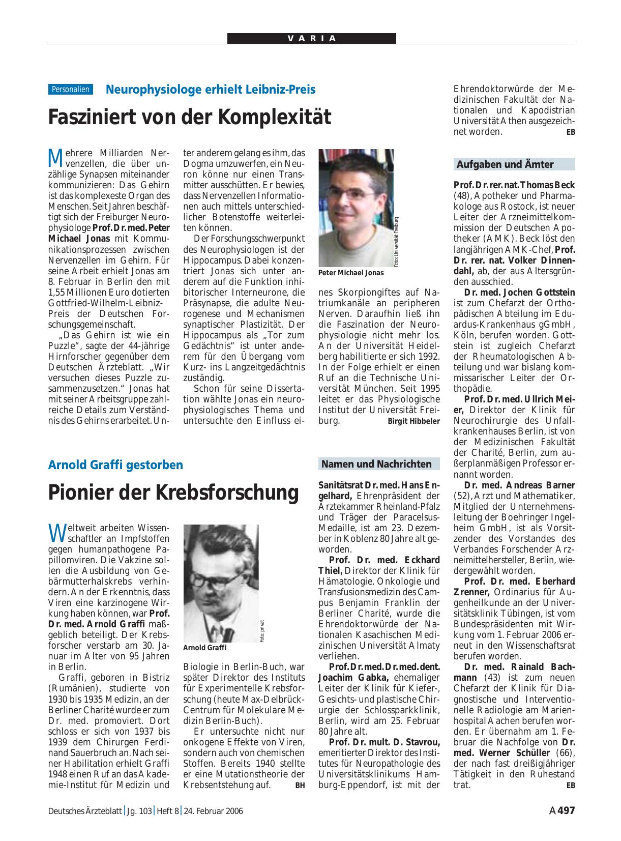 Vorschauseite 1: Arnold Graffi gestorben: Pionier der Krebsforschung
