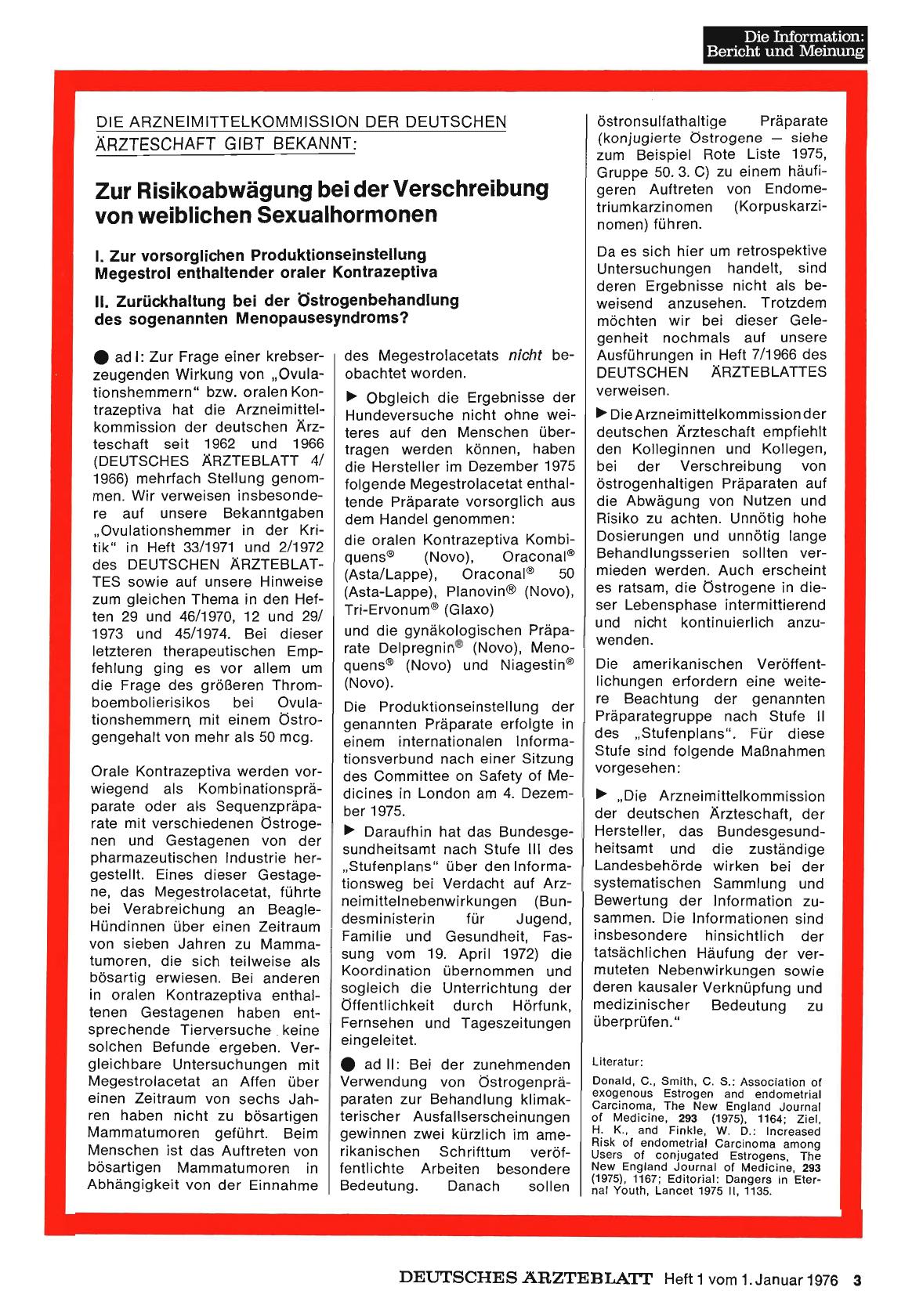 Vorschauseite 1: Die Arzneimittelkommission der deutschen Ärzteschaft gibt bekannt: Zur Risikoabwägung bei der Verschreibung von weiblichen Sexualhormonen