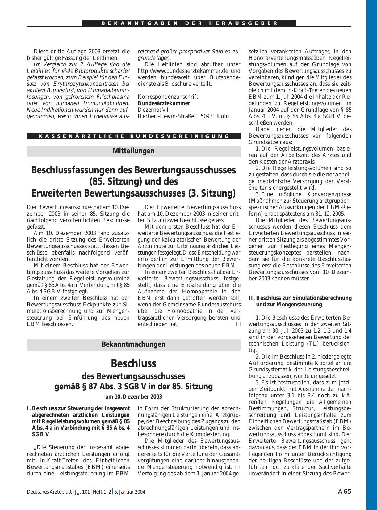 Vorschauseite 1: Beschluss des Bewertungsausschusses gemäß § 87 Abs. 3 SGB V in der 85. Sitzung am 10. Dezember 2003