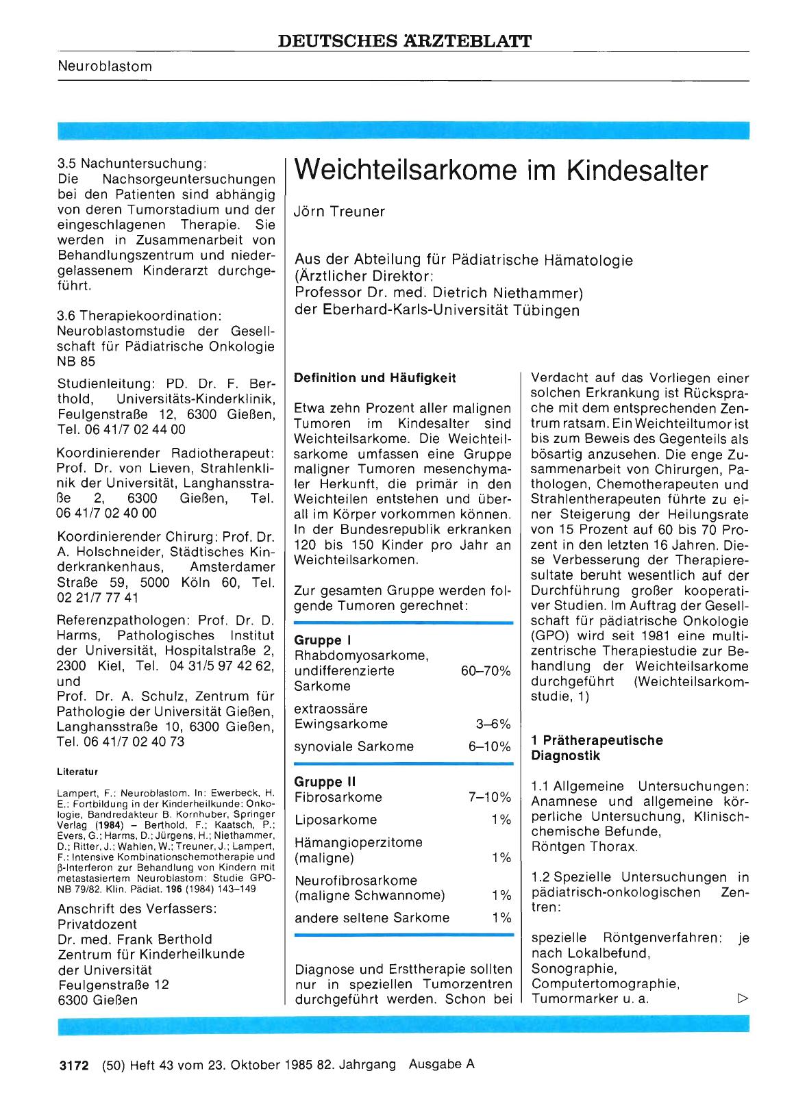 Vorschauseite 1: SERIE: MALIGNE TUMOREN UND SYSTEMERKRANKUNGEN - Empfehlungen zur standardisierten Tumortherapie: Weichteilsarkome im Kindesalter