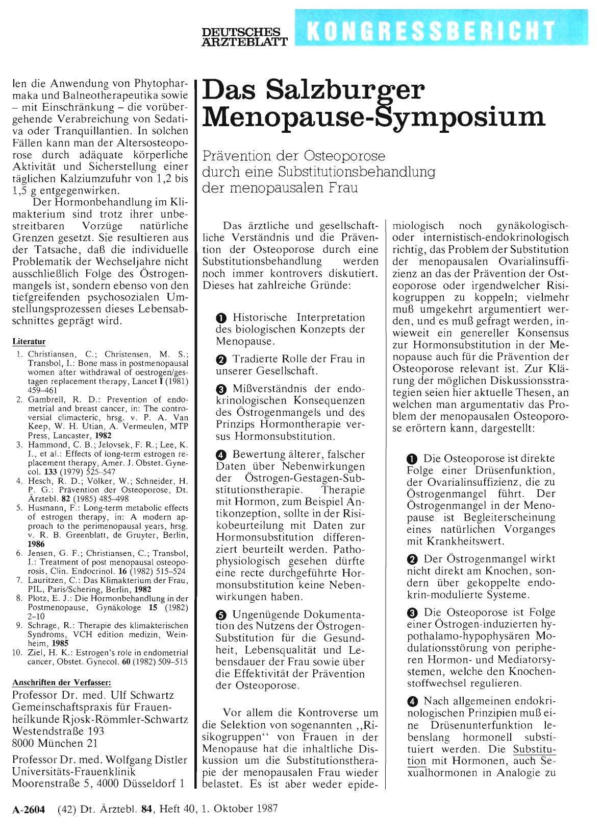 Vorschauseite 1: Das Salzburger Menopause-Symposium: Prävention der Osteoporose durch eine Substitutionsbehandlung der menopausalen Frau
