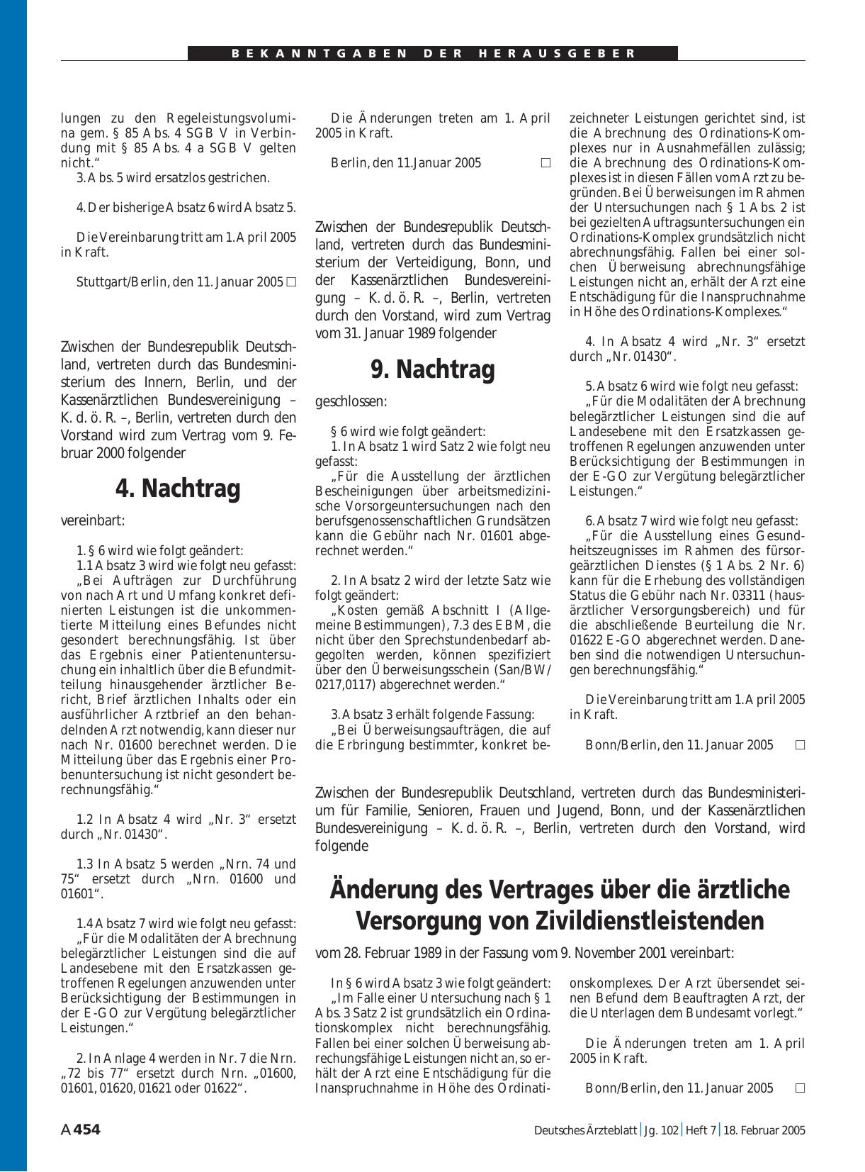 Vorschauseite 1: Änderung des Vertrages über die ärztliche Versorgung von Zivildienstleistenden