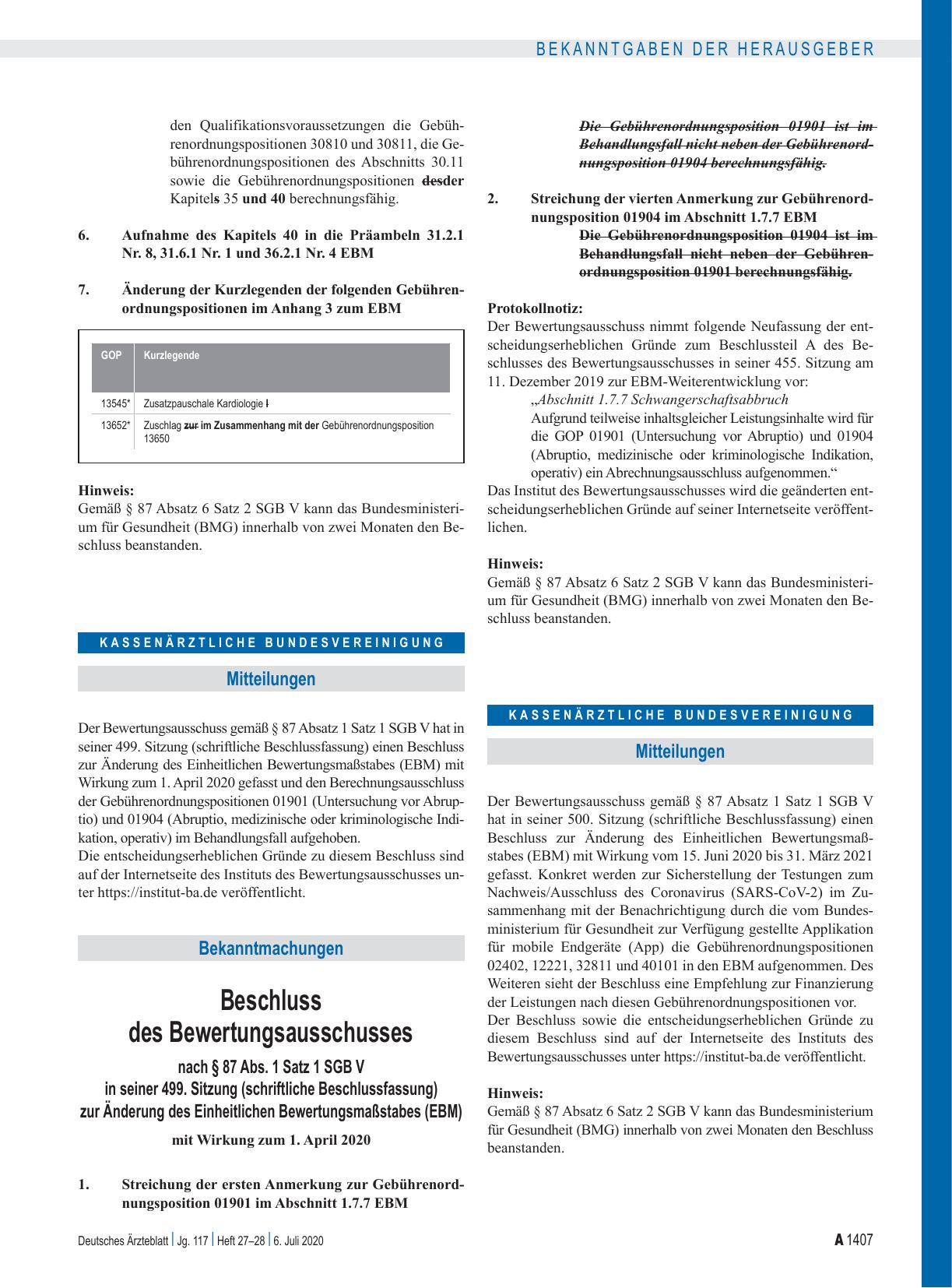 Vorschauseite 1: Beschluss des Bewertungsausschusses nach § 87 Abs. 1 Satz 1 SGB V in seiner 499. Sitzung (schriftliche Beschlussfassung) zur Änderung des Einheitlichen Bewertungsmaßstabes (EBM)