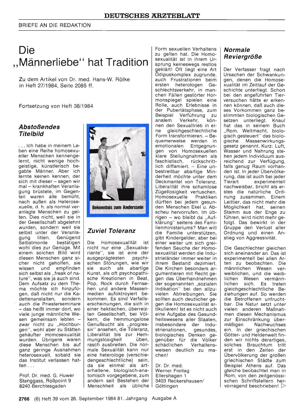Vorschauseite 1: Die „Männerliebe“ hat Tradition: Zuviel Toleranz